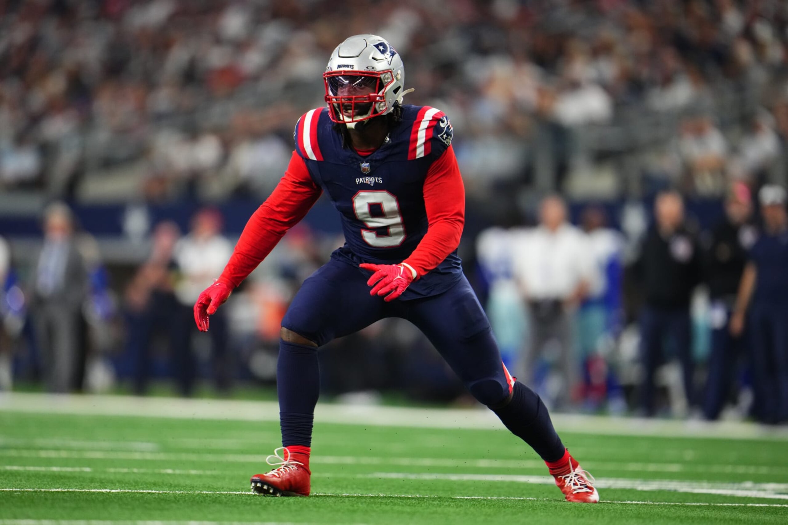 ARLINGTON, TX - OCTOBER 01: Matthew Judon #9 of the New England Patriots defends against the Dallas Cowboys during the second half at AT&T Stadium on October 1, 2023 in Arlington, Texas. (Photo by Cooper Neill/Getty Images)