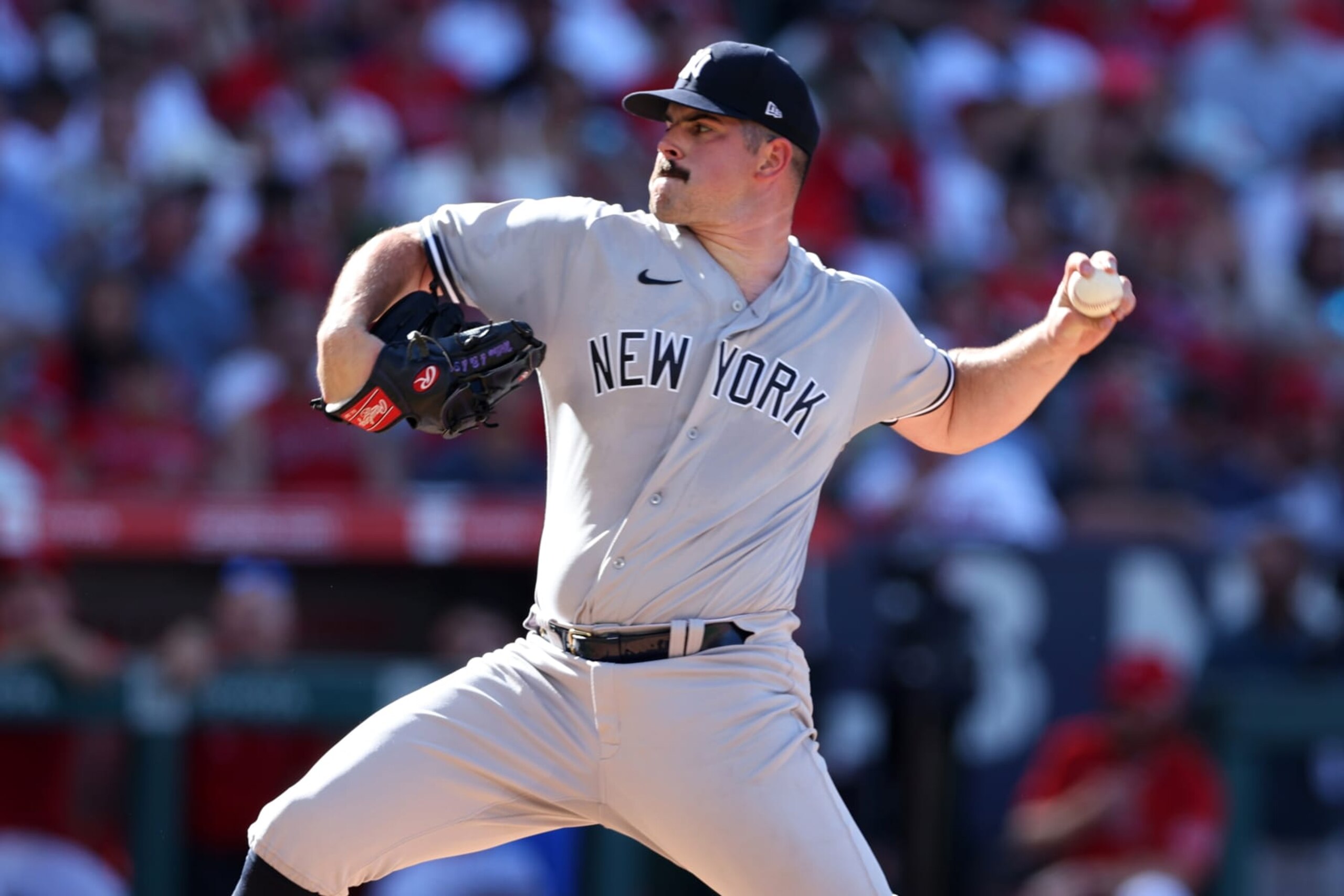 ANAHEIM, CA - JULY 19: Carlos Rodón #55 of the New York Yankees pitches during the game against the Los Angeles Angels at Angel Stadium of Anaheim on July 19, 2023 in Anaheim, California. The Angels defeated the Yankees 7-3. (Photo by Rob Leiter/MLB Photos via Getty Images) ANAHEIM, CA - JULY 19: Carlos Rodón #55 of the New York Yankees pitches during the game against the Los Angeles Angels at Angel Stadium of Anaheim on July 19, 2023 in Anaheim, California. The Angels defeated the Yankees 7-3. (Photo by Rob Leiter/MLB Photos via Getty Images)