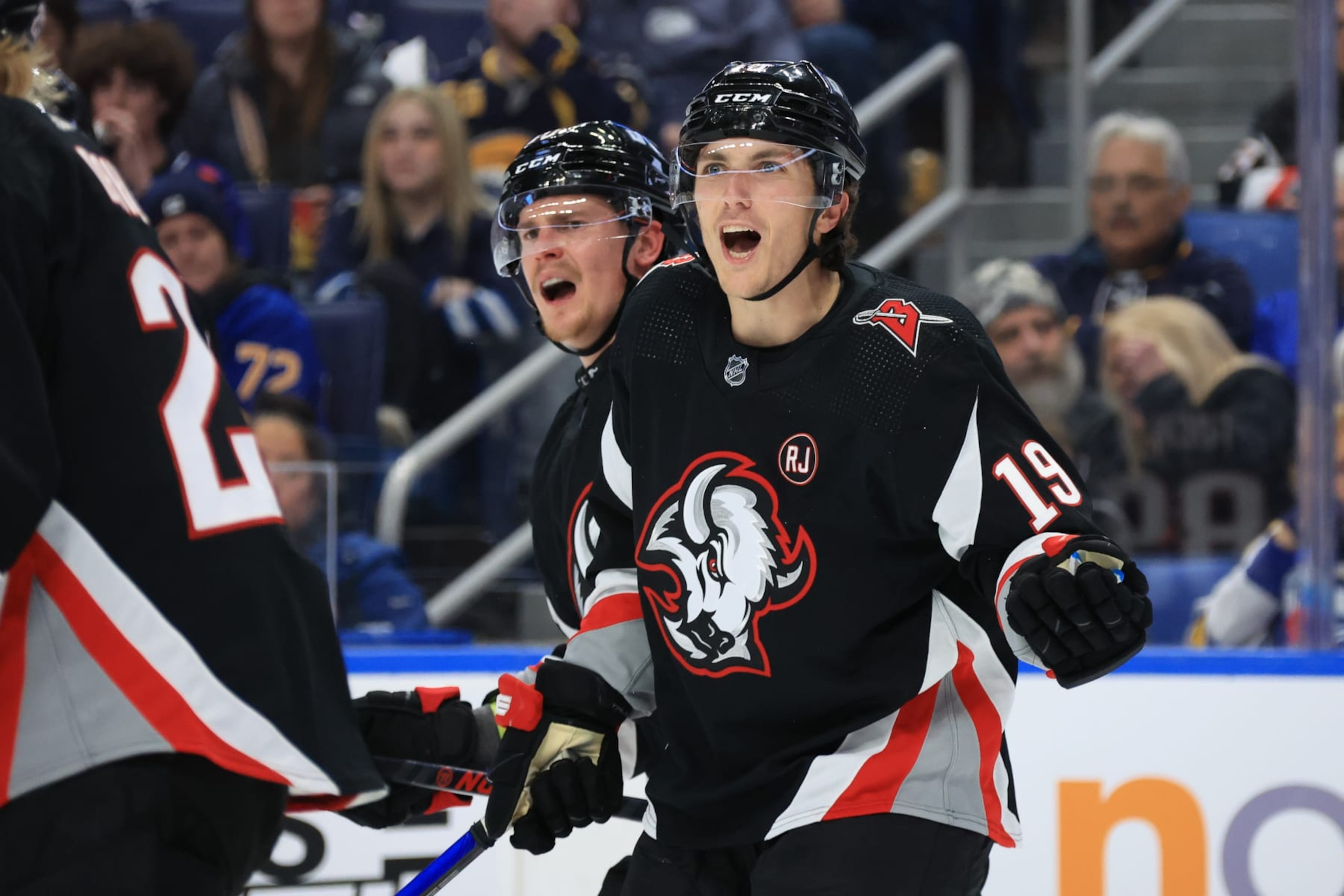 BUFFALO, NEW YORK - MARCH 3: Henri Jokiharju #10 and Peyton Krebs #19 of the Buffalo Sabres react to a penalty call during an NHL game against the Winnipeg Jets on March 3, 2024 at KeyBank Center in Buffalo, New York. (Photo by Bill Wippert/NHLI via Getty Images) BUFFALO, NEW YORK - MARCH 3: Henri Jokiharju #10 and Peyton Krebs #19 of the Buffalo Sabres react to a penalty call during an NHL game against the Winnipeg Jets on March 3, 2024 at KeyBank Center in Buffalo, New York. (Photo by Bill Wippert/NHLI via Getty Images)