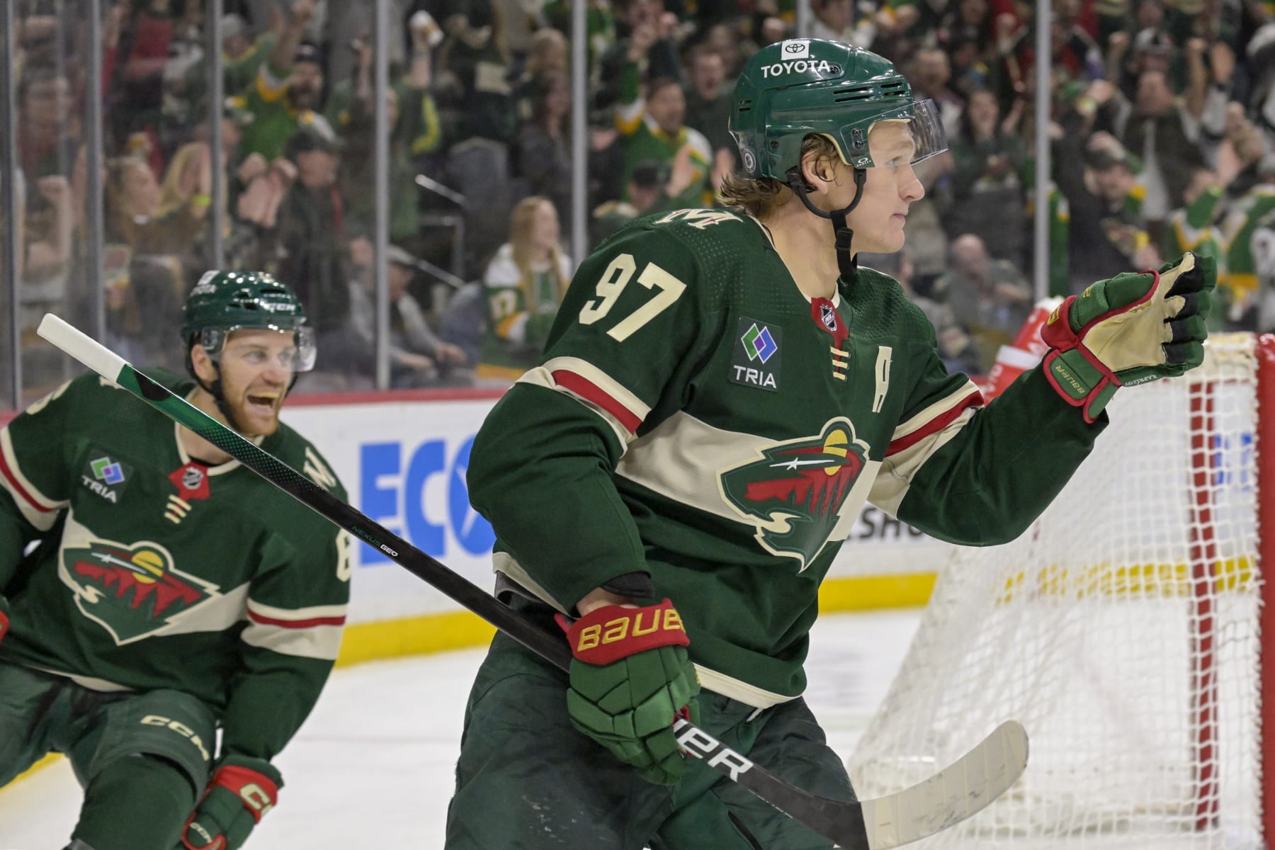 ST. PAUL, MINNESOTA - MARCH 03:  Kirill Kaprizov #97 of the Minnesota Wild celebrates his goal against the San Jose Sharks during the second period at Excel Energy Center on March 03, 2024 in St. Paul, Minnesota. (Photo by Nick Wosika/Getty Images)