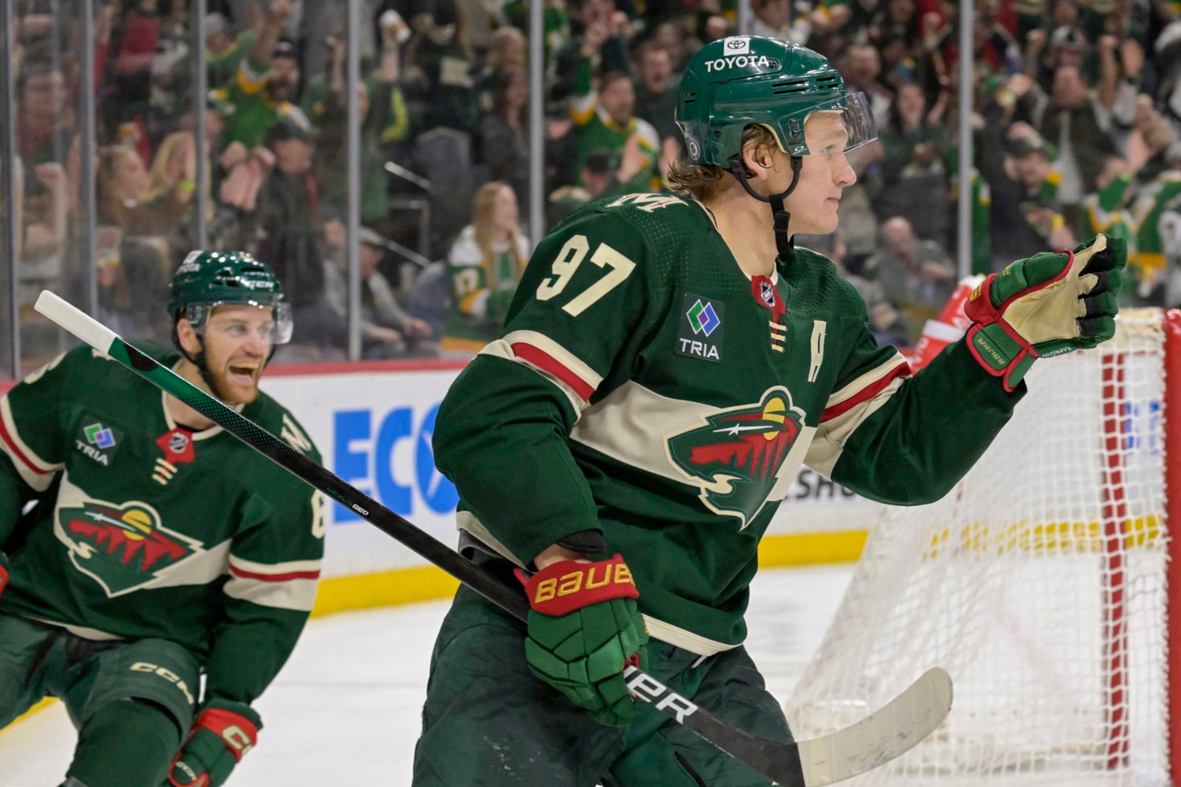 ST. PAUL, MINNESOTA - MARCH 03: Kirill Kaprizov #97 of the Minnesota Wild celebrates his goal against the San Jose Sharks during the second period at Excel Energy Center on March 03, 2024 in St. Paul, Minnesota. (Photo by Nick Wosika/Getty Images) ST. PAUL, MINNESOTA - MARCH 03: Kirill Kaprizov #97 of the Minnesota Wild celebrates his goal against the San Jose Sharks during the second period at Excel Energy Center on March 03, 2024 in St. Paul, Minnesota. (Photo by Nick Wosika/Getty Images)