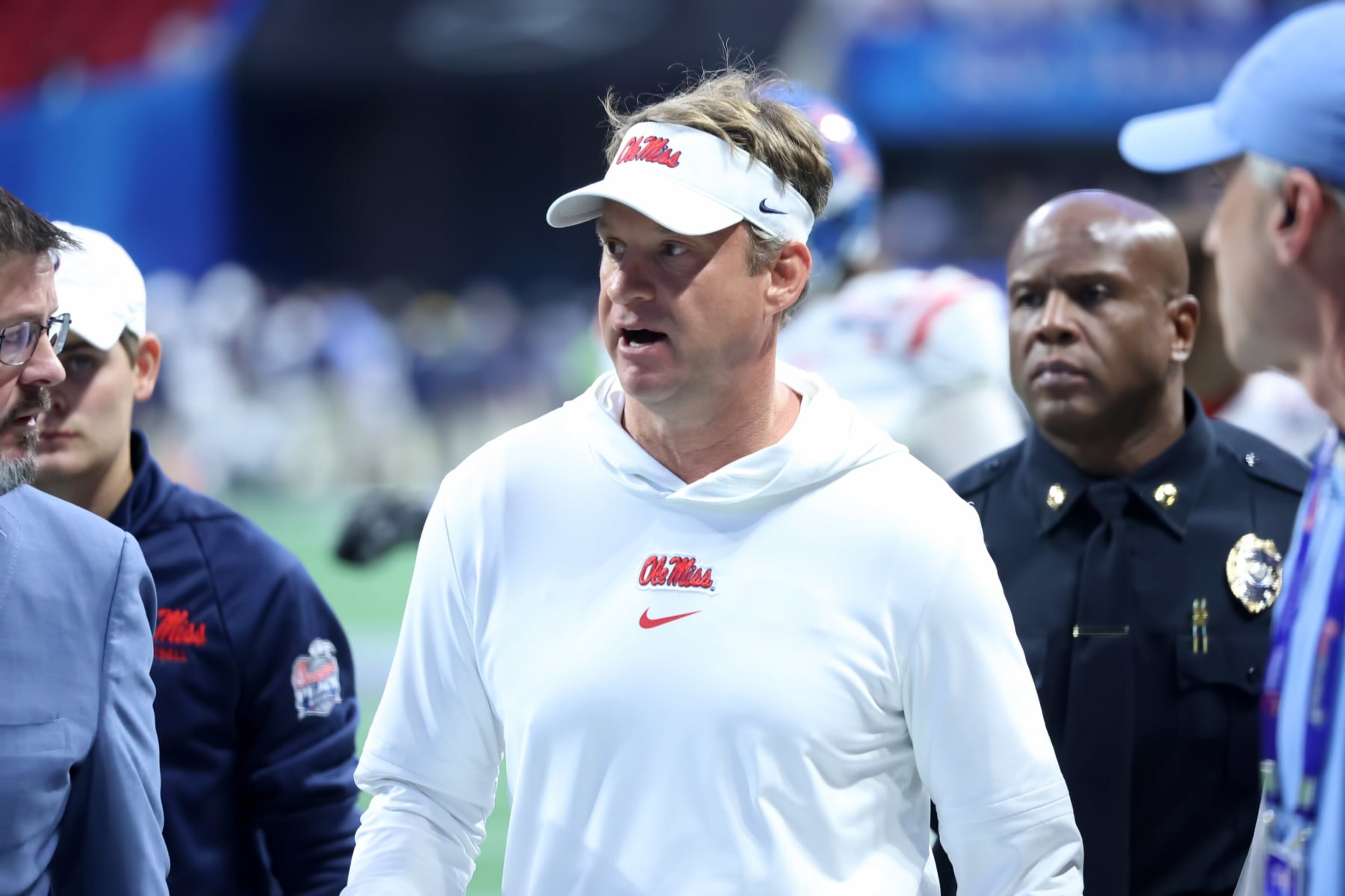 ATLANTA, GA - DECEMBER 30: Ole Miss Rebels head coach Lane Kiffin during the Chick-fil-A Peach Bowl between the Penn State Nittany Lions and the Mississippi Rebels on December 30, 2023 at Mercedes-Benz Stadium in Atlanta, Georgia.  (Photo by Michael Wade/Icon Sportswire via Getty Images)