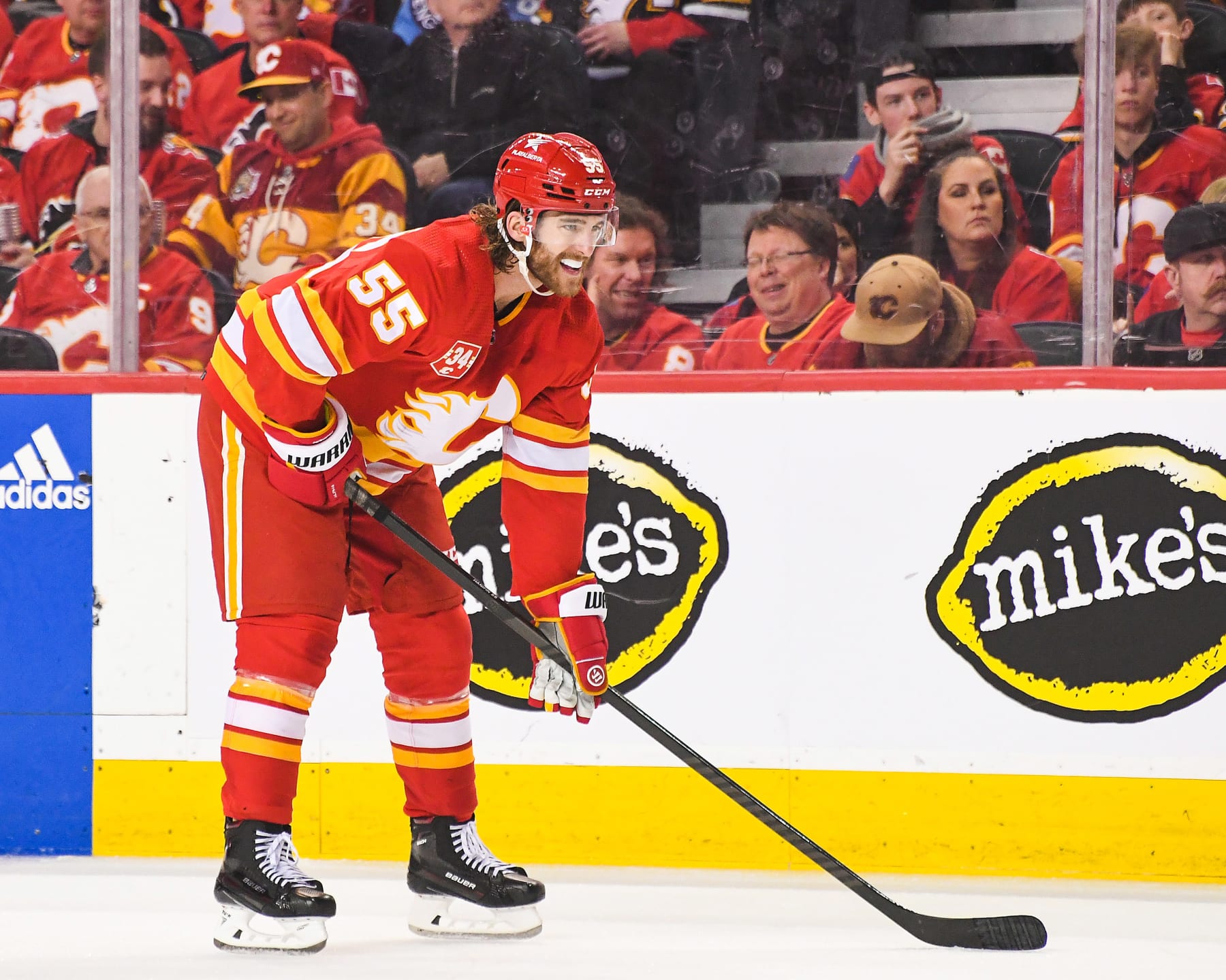 CALGARY, CANADA - MARCH 2: Noah Hanifin #55 of the Calgary Flames in action against the Pittsburgh Penguins during an NHL game at Scotiabank Saddledome on March 2, 2024 in Calgary, Alberta, Canada.  The Flames defeated the Penguins 4-3. (Photo by Derek Leung/Getty Images)