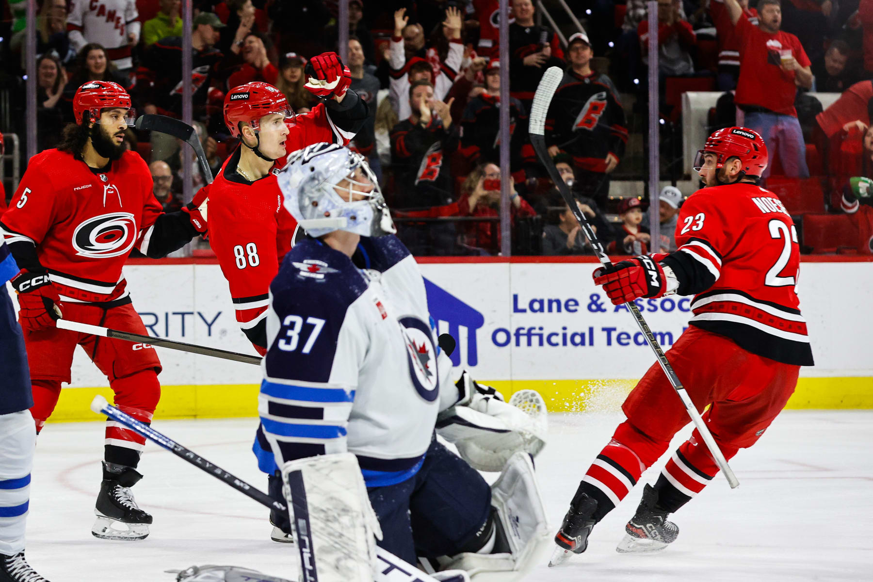 RALEIGH, NC - MARCH 02: Martin Necas #88 of the Carolina Hurricanes scores a goal and celebrates during the second period of the game against the Winnipeg Jets at PNC Arena on March 02, 2024 in Raleigh, North Carolina. (Photo by Jaylynn Nash/Getty Images)