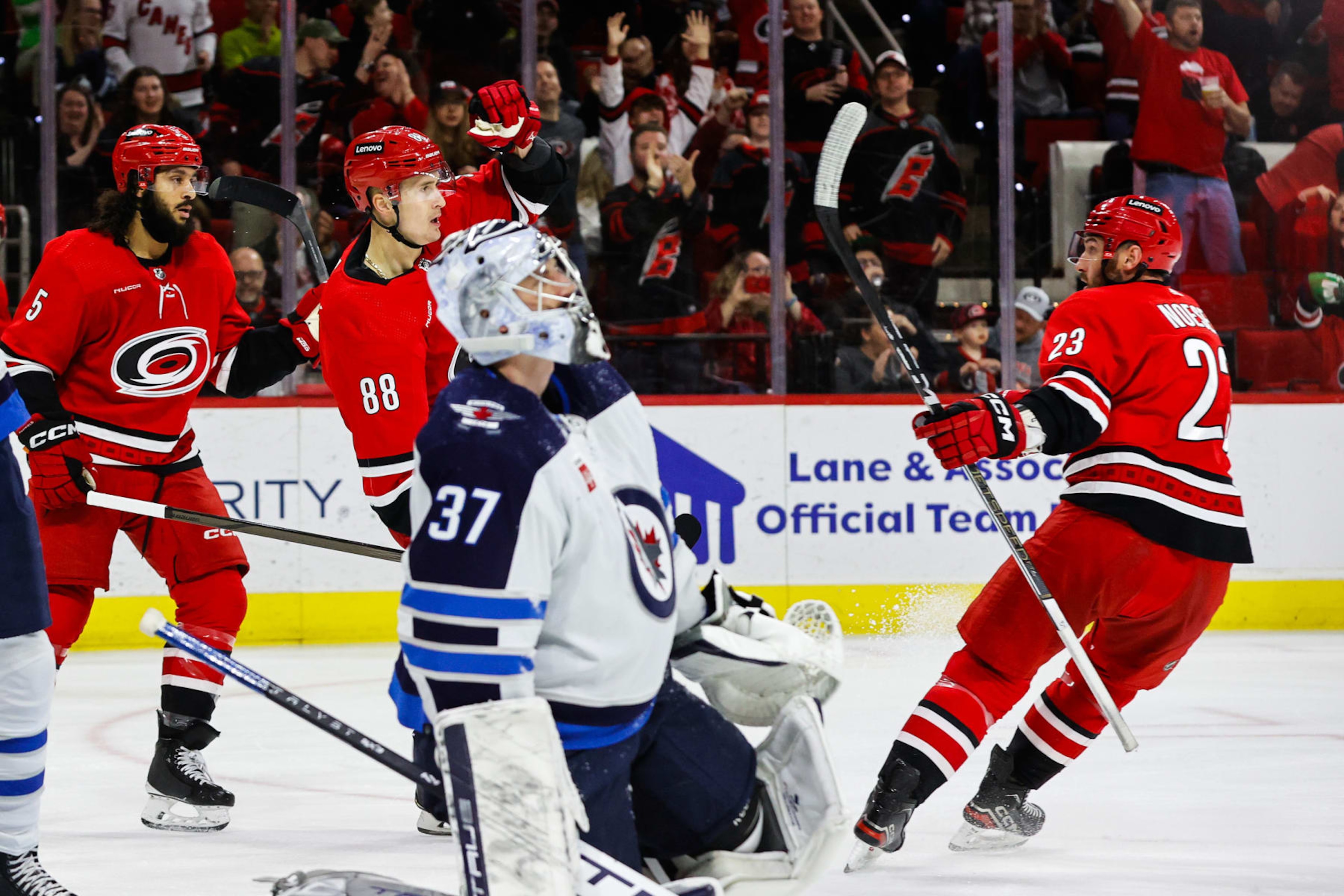 RALEIGH, NC - MARCH 02: Martin Necas #88 of the Carolina Hurricanes scores a goal and celebrates during the second period of the game against the Winnipeg Jets at PNC Arena on March 02, 2024 in Raleigh, North Carolina. (Photo by Jaylynn Nash/Getty Images) RALEIGH, NC - MARCH 02: Martin Necas #88 of the Carolina Hurricanes scores a goal and celebrates during the second period of the game against the Winnipeg Jets at PNC Arena on March 02, 2024 in Raleigh, North Carolina. (Photo by Jaylynn Nash/Getty Images)