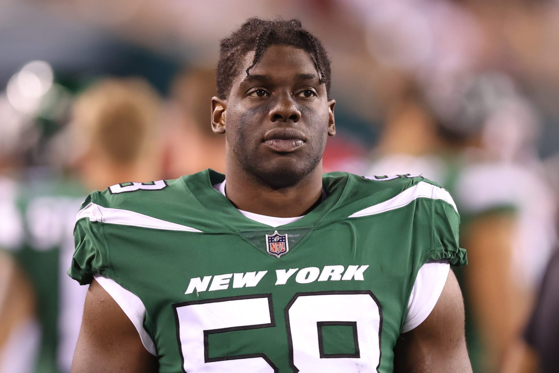 PHILADELPHIA, PA - AUGUST 12: Carl Lawson #58 of the New York Jets stands on the sideline against the Philadelphia Eagles during a game at Lincoln Financial Field on August 12, 2022 in Philadelphia, Pennsylvania. (Photo by Perry Knotts/Getty Images)