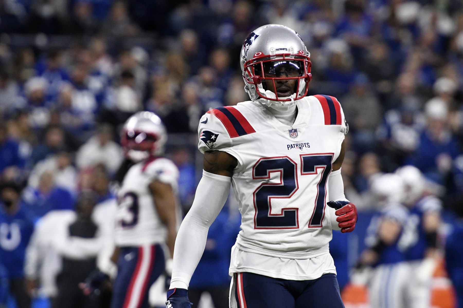 INDIANAPOLIS, IN - DECEMBER 18: New England Patriots Cornerback J.C. Jackson (27) looks to the sideline during the NFL football game between the New England Patriots and the Indianapolis Colts on December 18, 2021, at Lucas Oil Stadium in Indianapolis, Indiana. (Photo by Michael Allio/Icon Sportswire via Getty Images)