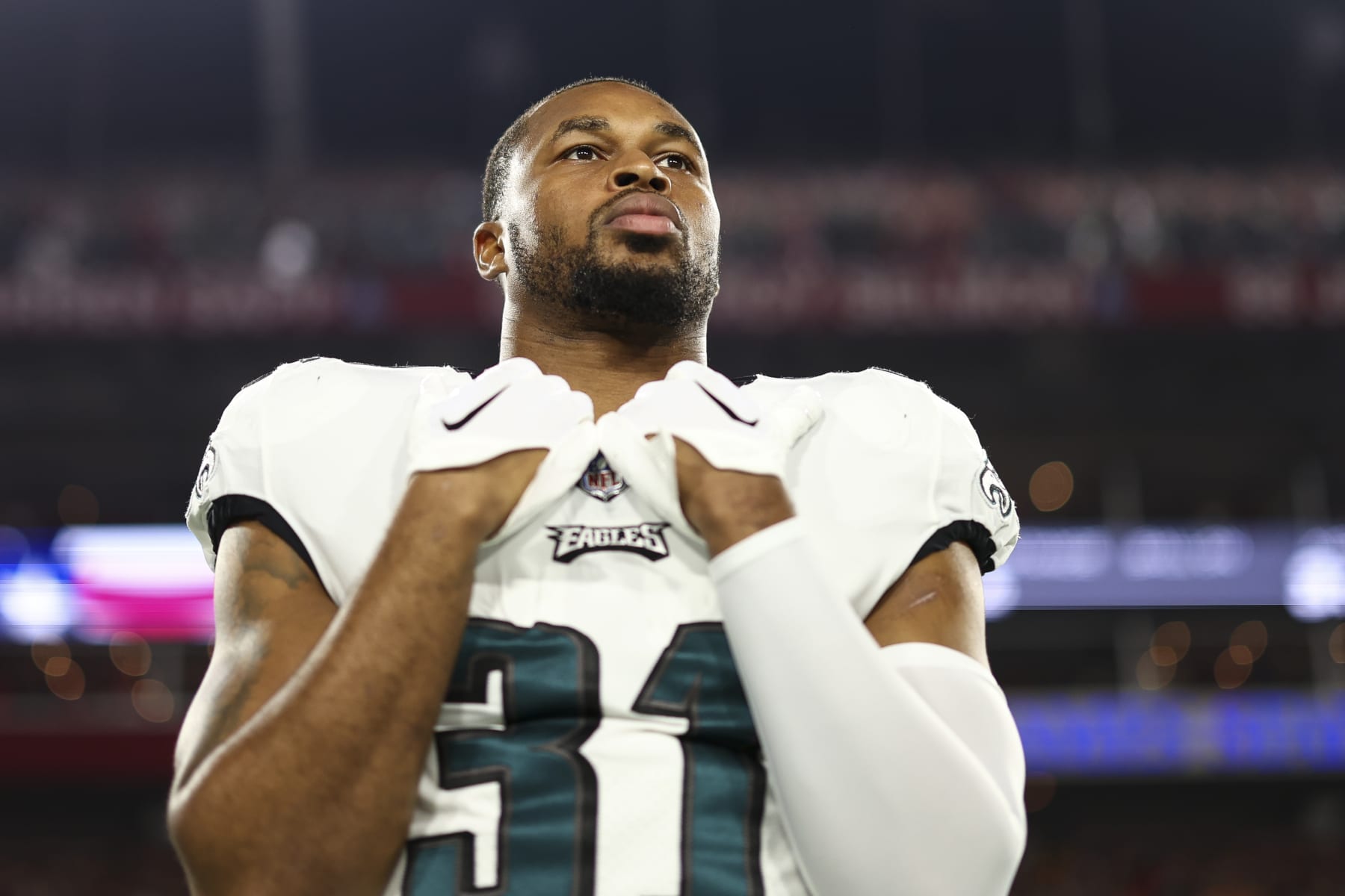 TAMPA, FL - JANUARY 15: Kevin Byard #31 of the Philadelphia Eagles stands on the sidelines during the national anthem prior to an NFL wild-card playoff football game against the Tampa Bay Buccaneers at Raymond James Stadium on January 15, 2024 in Tampa, Florida. (Photo by Kevin Sabitus/Getty Images)