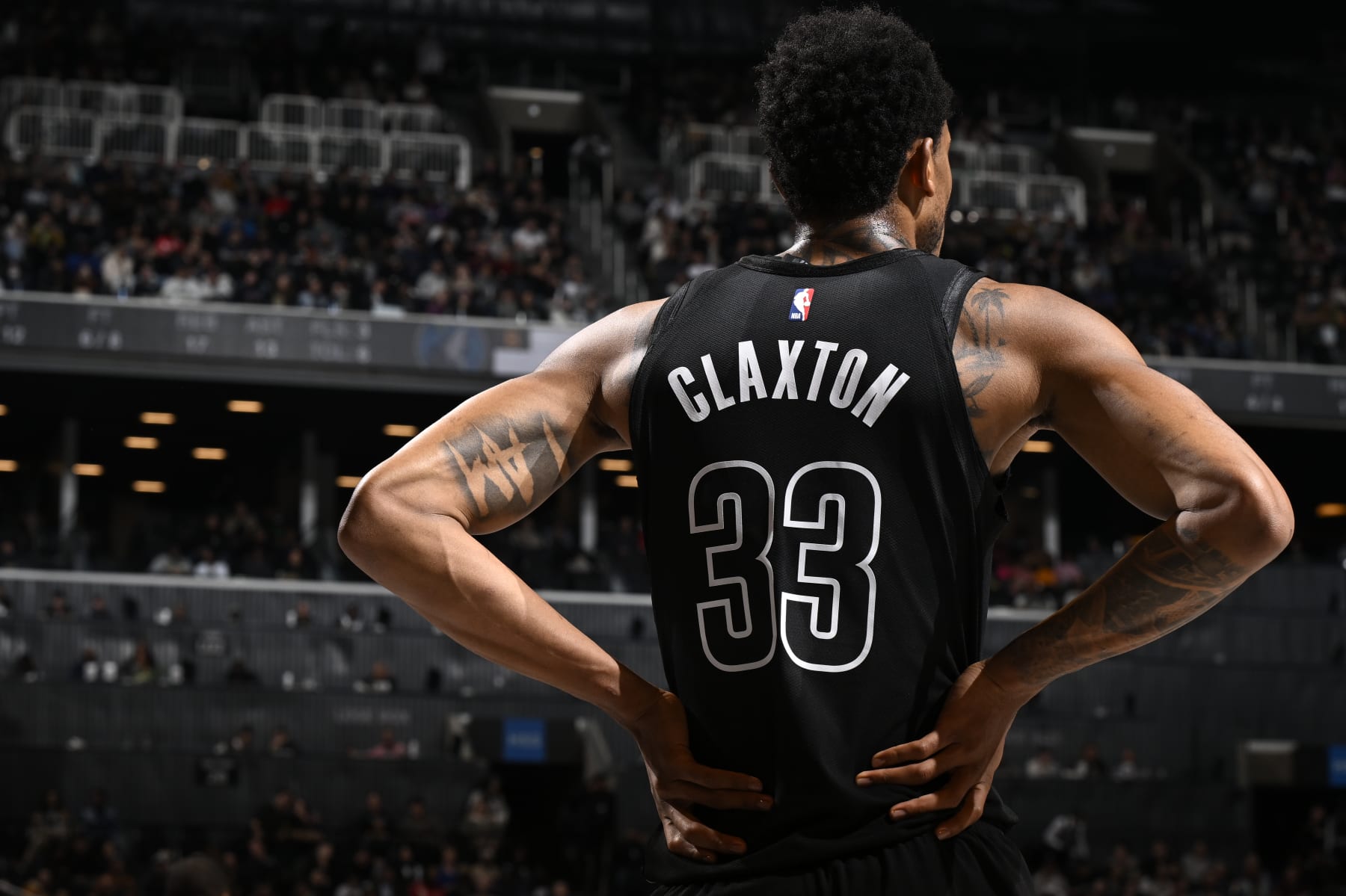 BROOKLYN, NY - JANUARY 25: Nicolas Claxton #33 of the Brooklyn Nets looks on during the game against the Minnesota Timberwolves on January 25, 2024 at Barclays Center in Brooklyn, New York. NOTE TO USER: User expressly acknowledges and agrees that, by downloading and or using this Photograph, user is consenting to the terms and conditions of the Getty Images License Agreement. Mandatory Copyright Notice: Copyright 2024 NBAE (Photo by David Dow/NBAE via Getty Images)