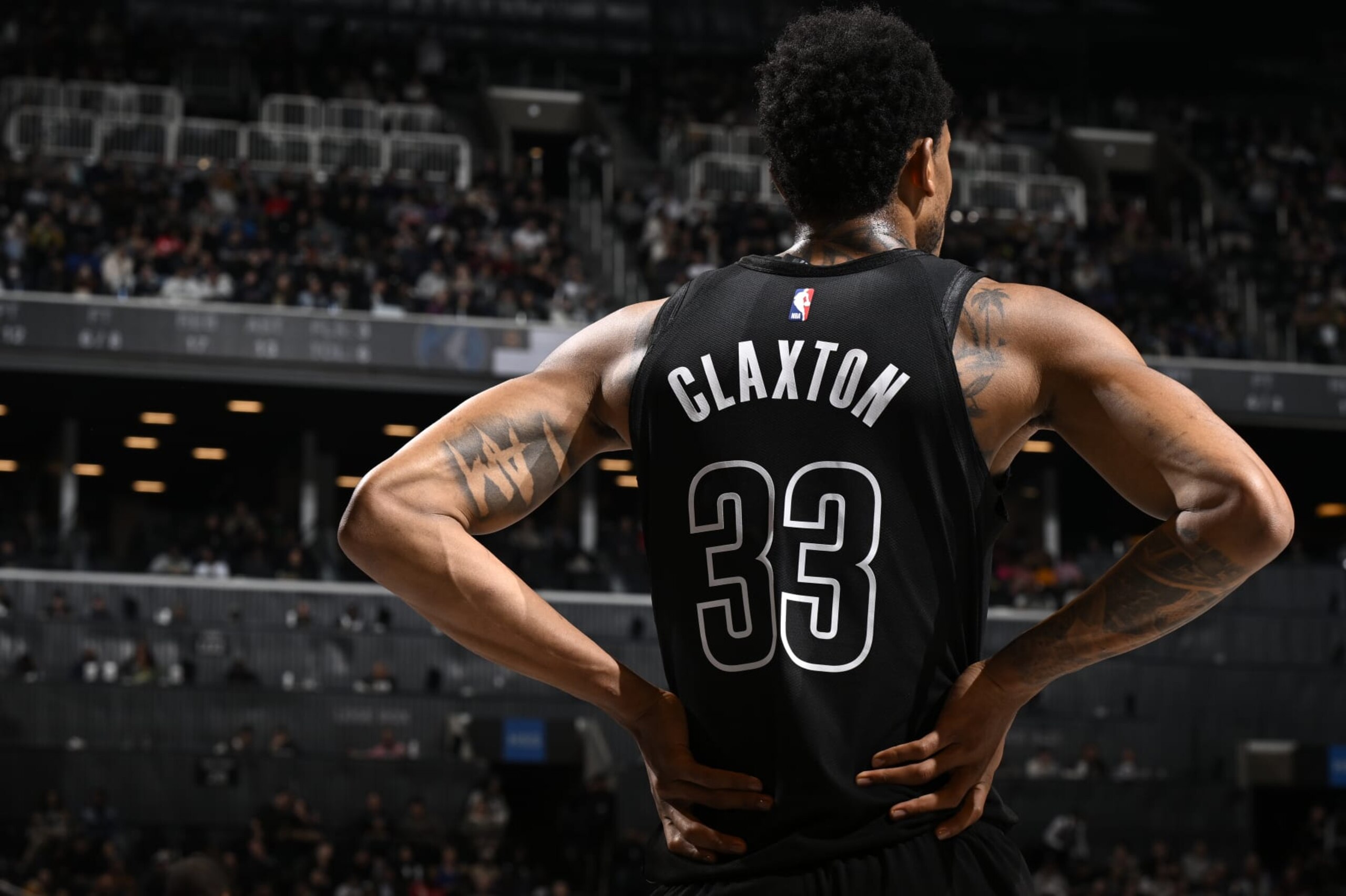 BROOKLYN, NY - JANUARY 25: Nicolas Claxton #33 of the Brooklyn Nets looks on during the game against the Minnesota Timberwolves on January 25, 2024 at Barclays Center in Brooklyn, New York. NOTE TO USER: User expressly acknowledges and agrees that, by downloading and or using this Photograph, user is consenting to the terms and conditions of the Getty Images License Agreement. Mandatory Copyright Notice: Copyright 2024 NBAE (Photo by David Dow/NBAE via Getty Images)