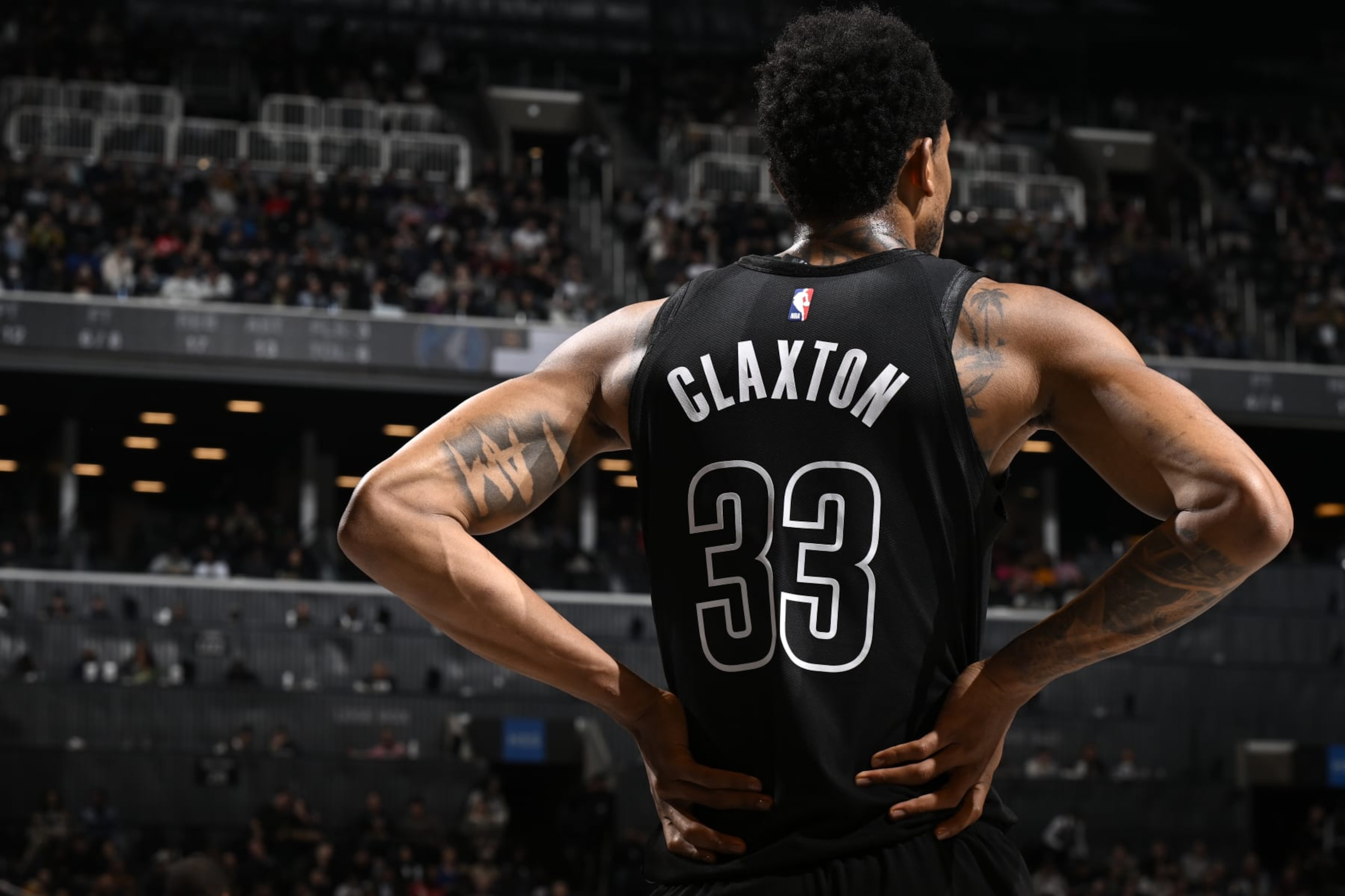 BROOKLYN, NY - JANUARY 25: Nicolas Claxton #33 of the Brooklyn Nets looks on during the game against the Minnesota Timberwolves on January 25, 2024 at Barclays Center in Brooklyn, New York. NOTE TO USER: User expressly acknowledges and agrees that, by downloading and or using this Photograph, user is consenting to the terms and conditions of the Getty Images License Agreement. Mandatory Copyright Notice: Copyright 2024 NBAE (Photo by David Dow/NBAE via Getty Images)