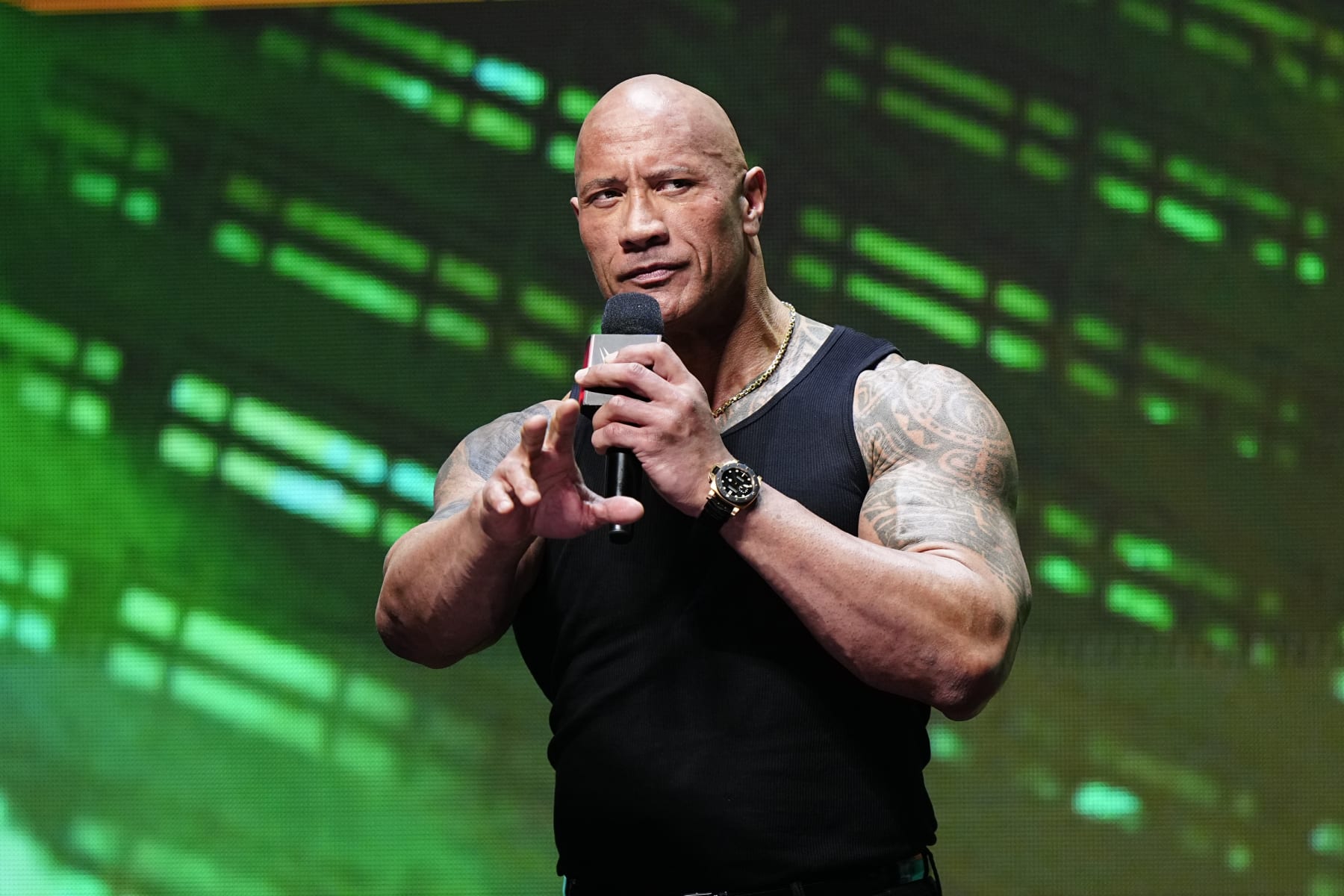 LAS VEGAS, NV - FEBRUARY 08:  Dwayne "The Rock" Johnson, Ten-Time WWE World Champion during the WWE Wrestlemania XL Kickoff on February 08, 2024, at T-Mobile Arena in Las Vegas, NV. (Photo by Louis Grasse/PXimages/Icon Sportswire via Getty Images)
