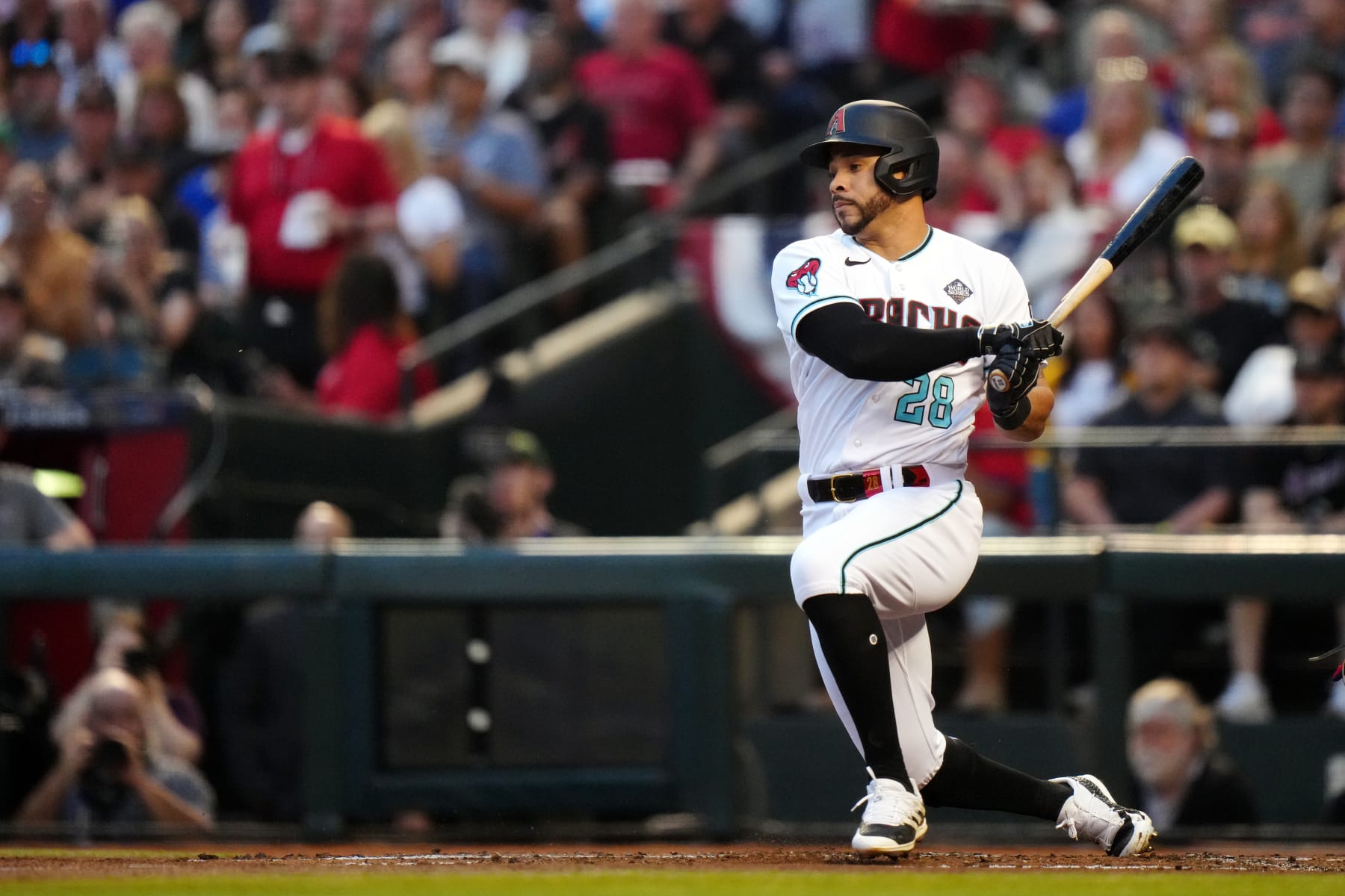 PHOENIX, AZ - NOVEMBER 01: Tommy Pham #28 of the Arizona Diamondbacks bats during Game 5 of the 2023 World Series between the Texas Rangers and the Arizona Diamondbacks at Chase Field on Wednesday, November 1, 2023 in Phoenix, Arizona. (Photo by Daniel Shirey/MLB Photos via Getty Images)