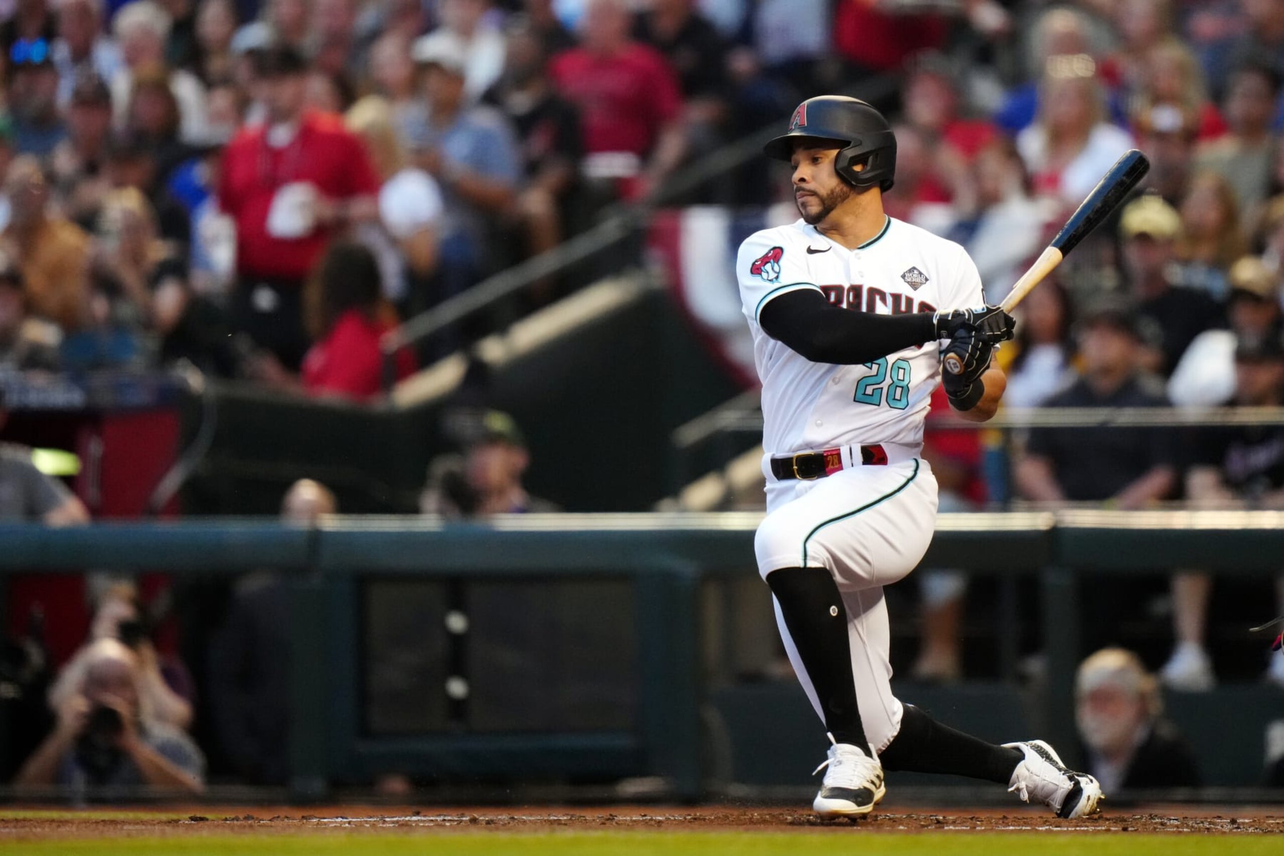 PHOENIX, AZ - NOVEMBER 01: Tommy Pham #28 of the Arizona Diamondbacks bats during Game 5 of the 2023 World Series between the Texas Rangers and the Arizona Diamondbacks at Chase Field on Wednesday, November 1, 2023 in Phoenix, Arizona. (Photo by Daniel Shirey/MLB Photos via Getty Images) PHOENIX, AZ - NOVEMBER 01: Tommy Pham #28 of the Arizona Diamondbacks bats during Game 5 of the 2023 World Series between the Texas Rangers and the Arizona Diamondbacks at Chase Field on Wednesday, November 1, 2023 in Phoenix, Arizona. (Photo by Daniel Shirey/MLB Photos via Getty Images)