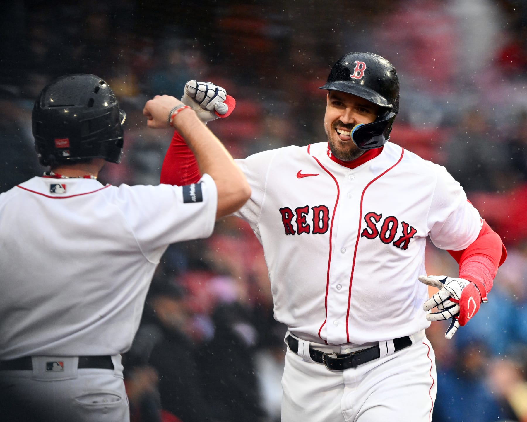 BOSTON, MASSACHUSETTS - SEPTEMBER 24: Adam Duvall #18 of the Boston Red Sox celebrates after hitting a solo home run against the Chicago White Sox during the sixth inning at Fenway Park on September 24, 2023 in Boston, Massachusetts. (Photo by Brian Fluharty/Getty Images)