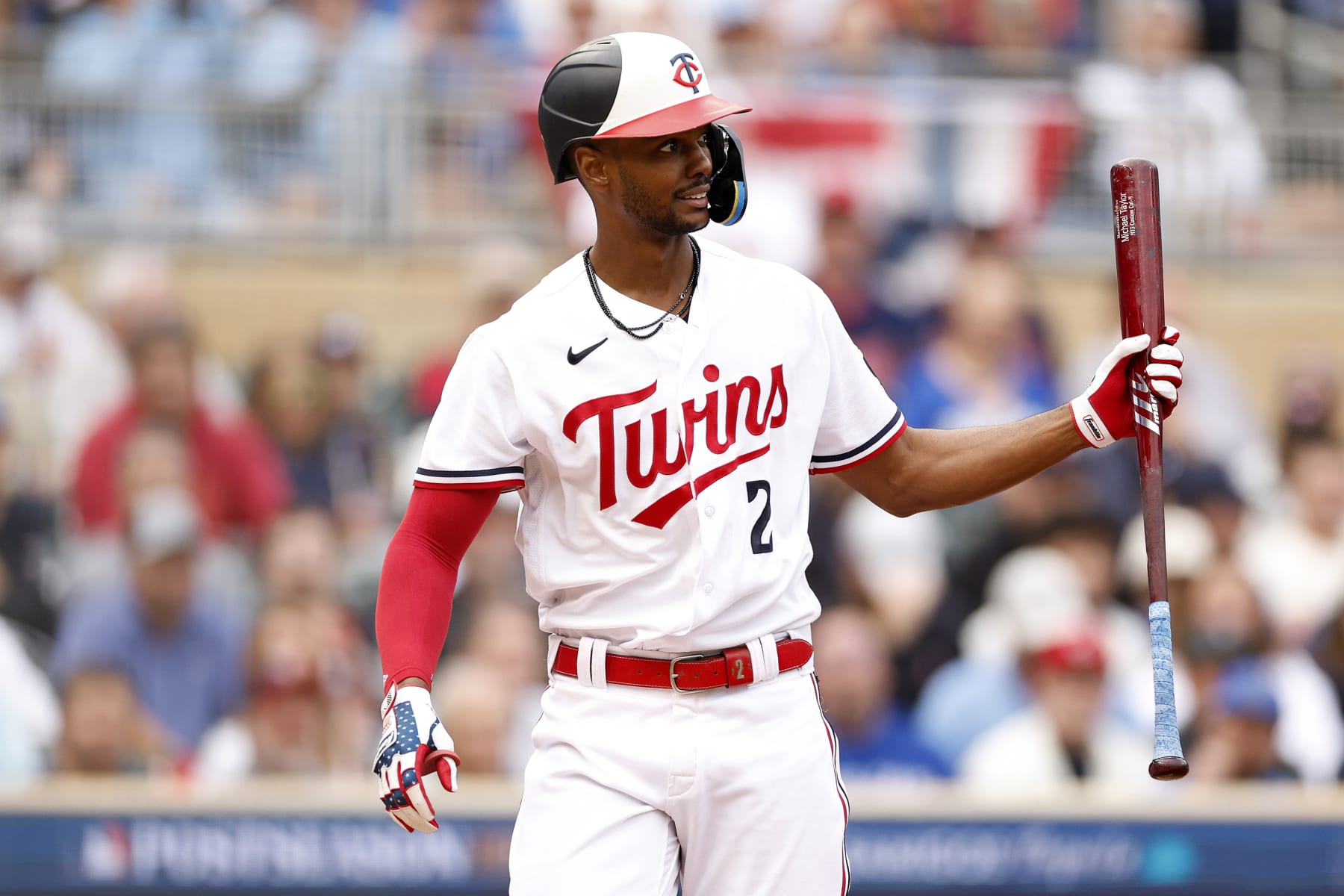 MINNEAPOLIS, MINNESOTA - OCTOBER 04: Michael A. Taylor #2 of the Minnesota Twins reacts after being struck out by Jose Berrios #17 of the Toronto Blue Jays during the third inning in Game Two of the Wild Card Series at Target Field on October 04, 2023 in Minneapolis, Minnesota. (Photo by David Berding/Getty Images)