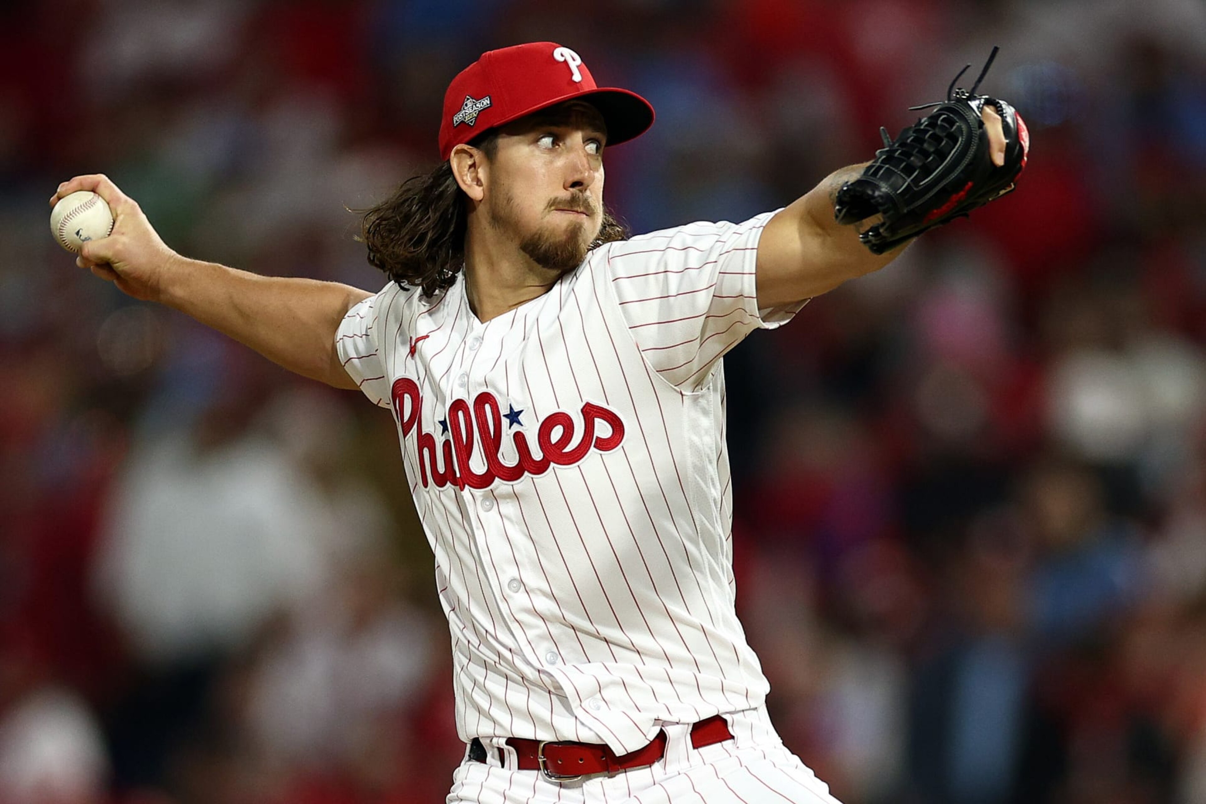 PHILADELPHIA, PENNSYLVANIA - OCTOBER 23: Michael Lorenzen #22 of the Philadelphia Phillies pitches in the fifth inning against the Arizona Diamondbacks during Game Six of the Championship Series at Citizens Bank Park on October 23, 2023 in Philadelphia, Pennsylvania. (Photo by Elsa/Getty Images)