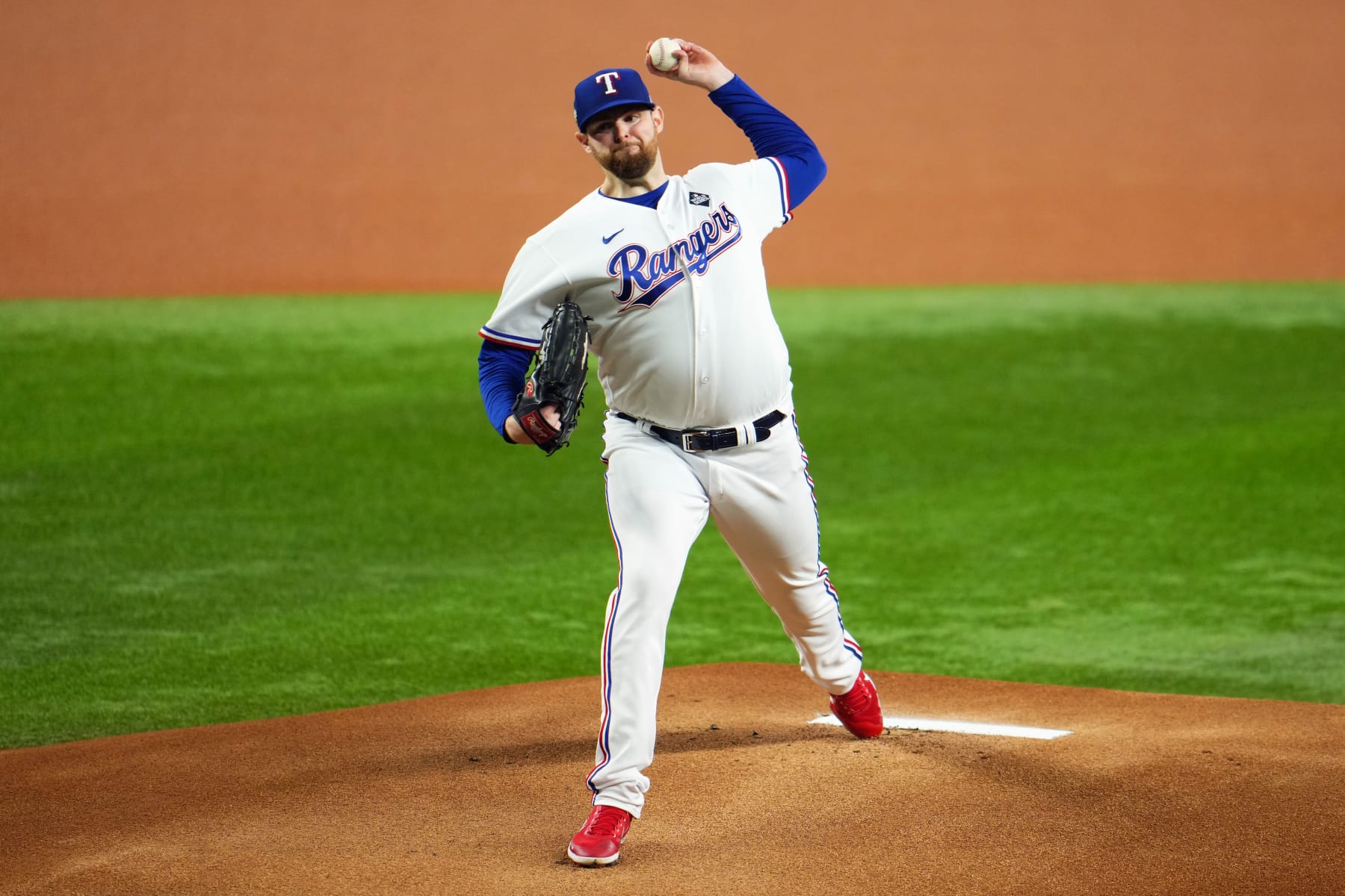 ARLINGTON, TX - OCTOBER 28: Jordan Montgomery #52 of the Texas Rangers pitches in the first inning during Game 2 of the 2023 World Series between the Arizona Diamondbacks and the Texas Rangers at Globe Life Field on Saturday, October 28, 2023 in Arlington, Texas. (Photo by Cooper Neill/MLB Photos via Getty Images)