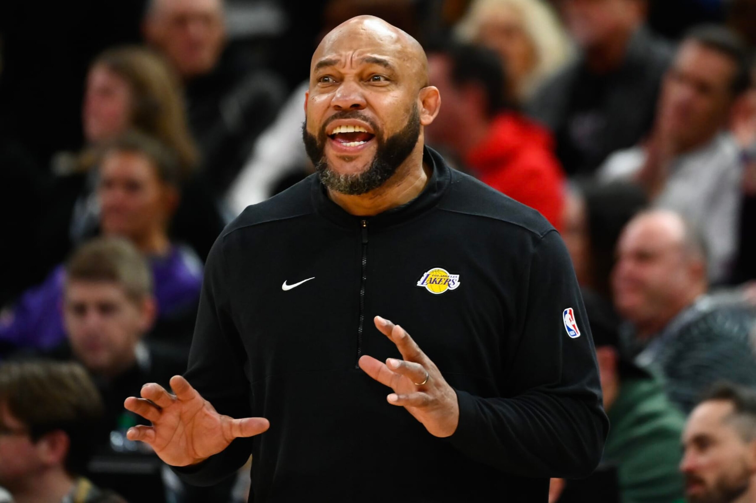 SALT LAKE CITY, UTAH - FEBRUARY 14: Los Angeles Lakers head coach Darvin Ham looks on during the second half of a game against the Utah Jazz at Delta Center on February 14, 2024 in Salt Lake City, Utah. NOTE TO USER: User expressly acknowledges and agrees that, by downloading and or using this photograph, User is consenting to the terms and conditions of the Getty Images License Agreement. (Photo by Alex Goodlett/Getty Images)