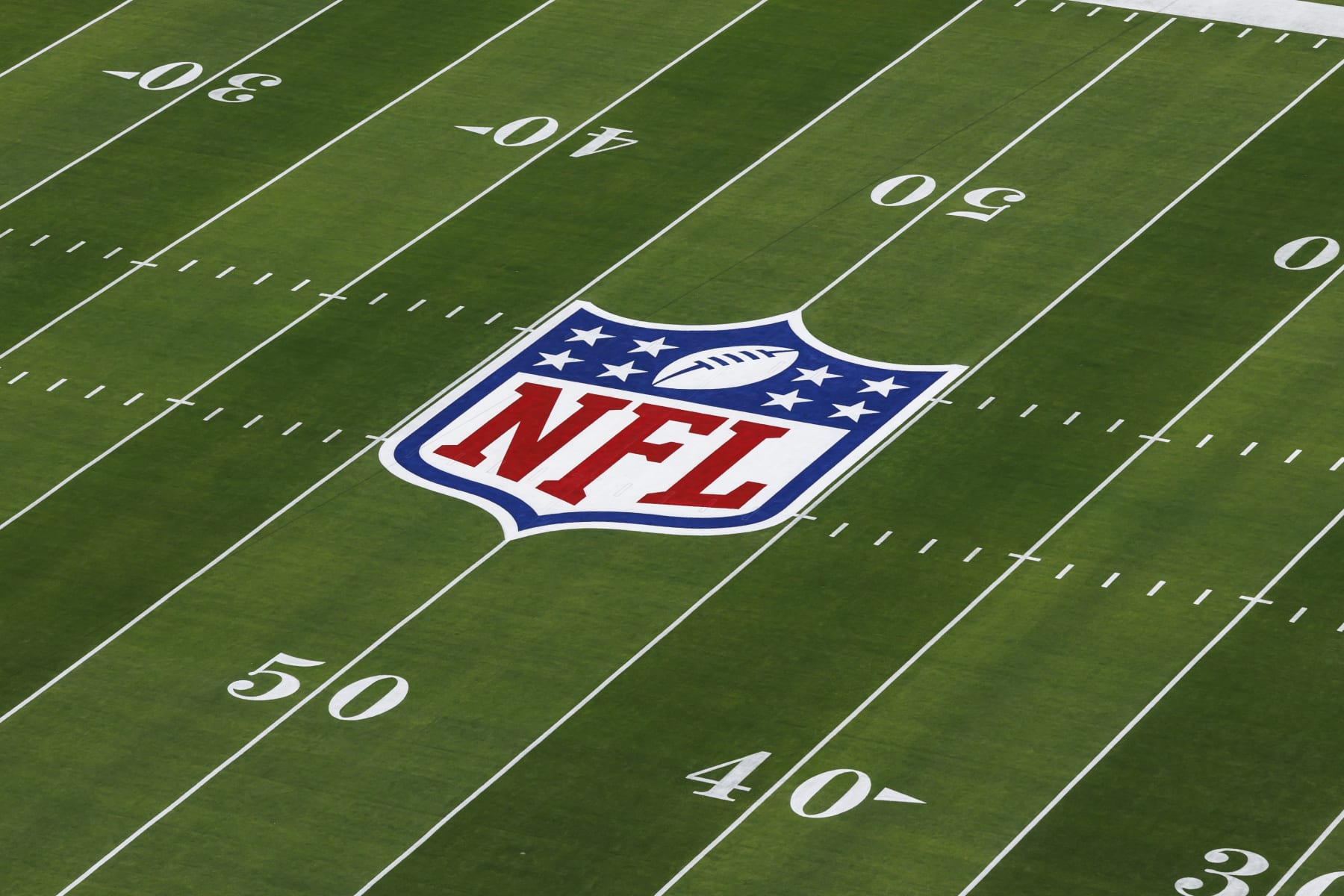 LAS VEGAS, NEVADA - FEBRUARY 11: A detail view of the NFL shield logo painted on the field before the NFL Super Bowl LVIII football game between the Kansas City Chiefs and San Francisco 49ers at Allegiant Stadium on February 11, 2024 in Las Vegas, Nevada. (Photo by Ryan Kang/Getty Images)