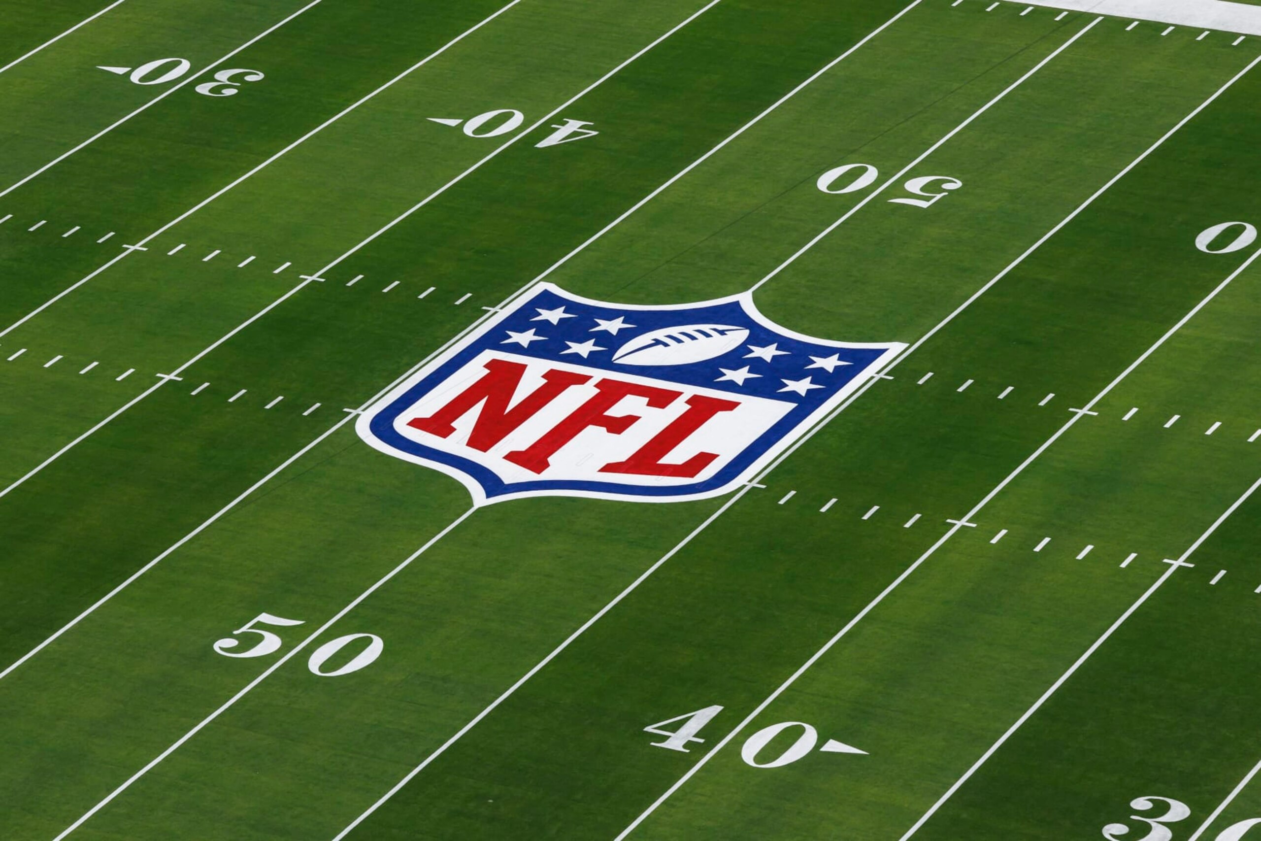 LAS VEGAS, NEVADA - FEBRUARY 11: A detail view of the NFL shield logo painted on the field before the NFL Super Bowl LVIII football game between the Kansas City Chiefs and San Francisco 49ers at Allegiant Stadium on February 11, 2024 in Las Vegas, Nevada. (Photo by Ryan Kang/Getty Images)