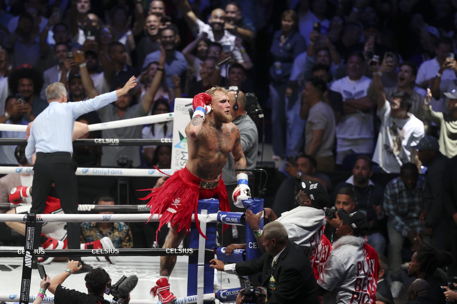 HATO REY, PUERTO RICO - MARCH 2: Jake Paul celebrates after defeating Ryan Bourland in the first round during their cruiserweight fight at Coliseo de Puerto Rico on March 2, 2024 in Hato Rey, Puerto Rico. (Photo by Ricardo Arduengo/Getty Images)