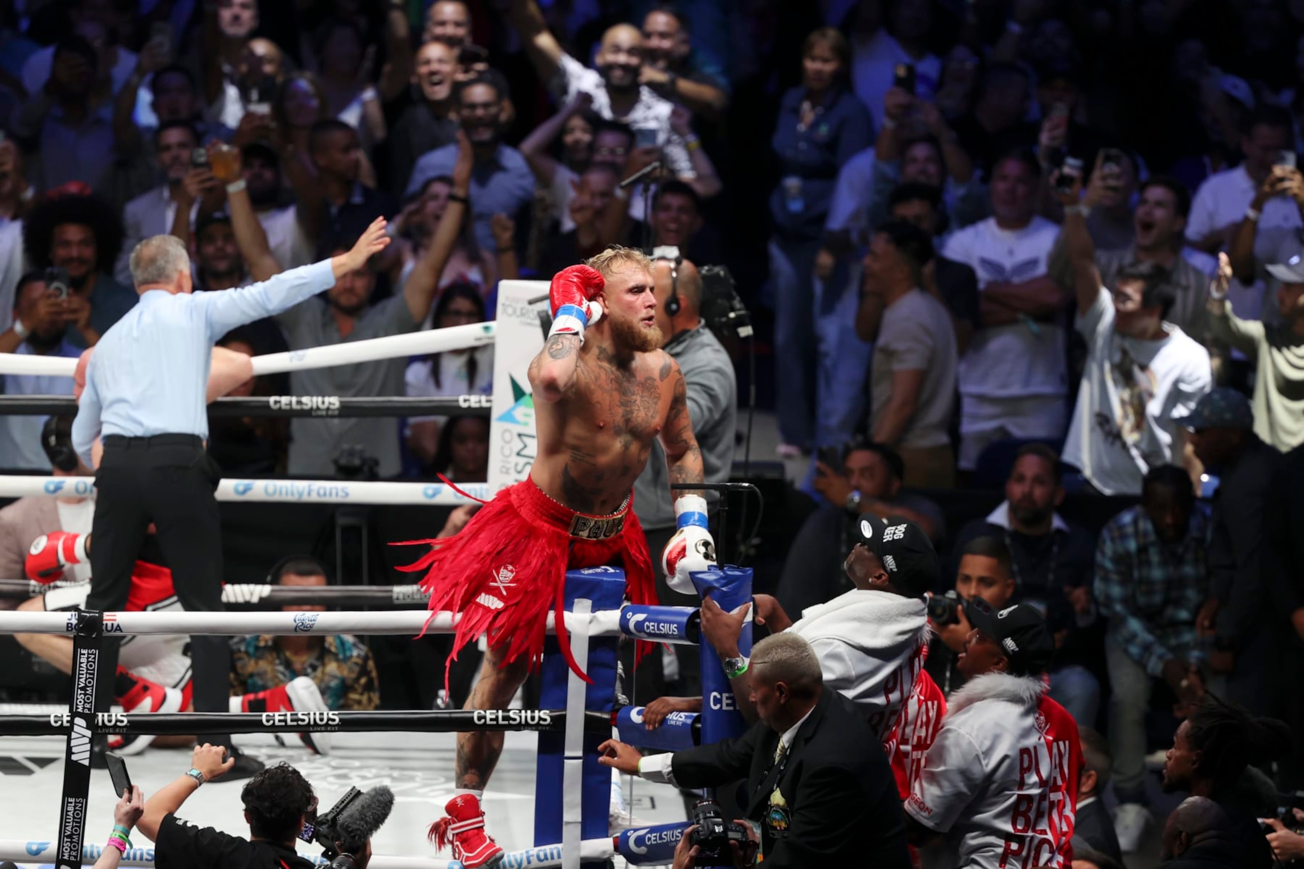 HATO REY, PUERTO RICO - MARCH 2: Jake Paul celebrates after defeating Ryan Bourland in the first round during their cruiserweight fight at Coliseo de Puerto Rico on March 2, 2024 in Hato Rey, Puerto Rico. (Photo by Ricardo Arduengo/Getty Images)