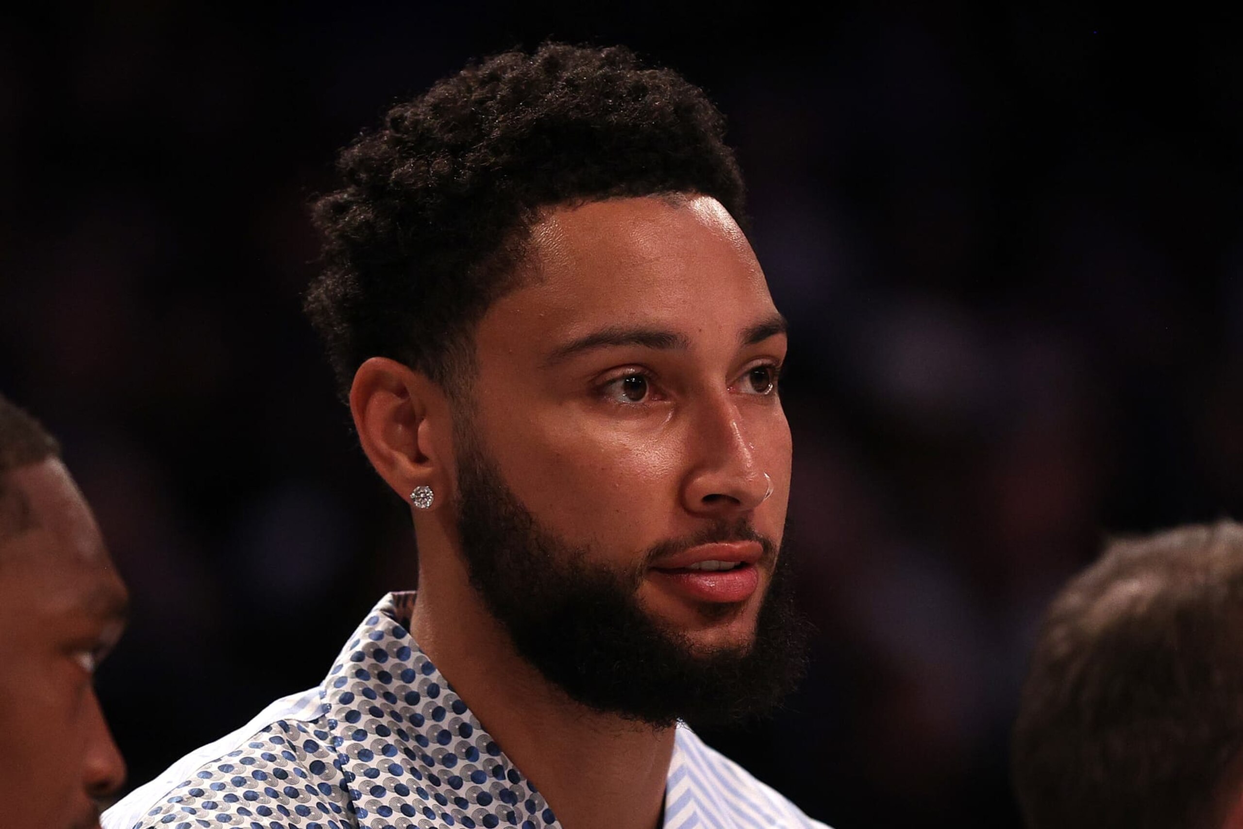 NEW YORK, NEW YORK - MARCH 05: Ben Simmons of the Brooklyn Nets looks on in the first half against the Philadelphia 76ers at Barclays Center on March 05, 2024 in New York City. NOTE TO USER: User expressly acknowledges and agrees that, by downloading and or using this photograph, User is consenting to the terms and conditions of the Getty Images License Agreement. (Photo by Mike Lawrie/Getty Images)
