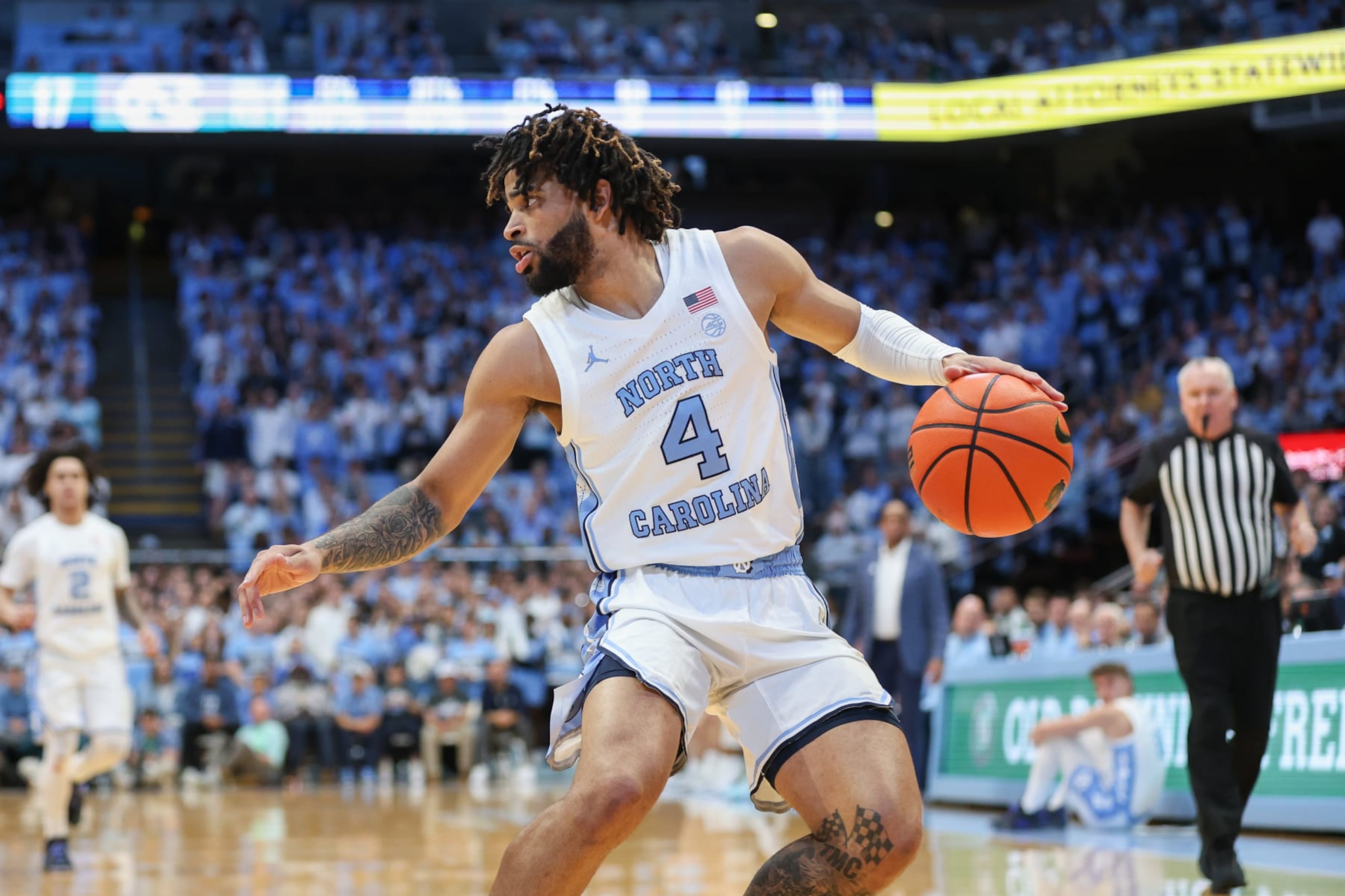 CHAPEL HILL, NC - MARCH 05: North Carolina Tar Heels guard RJ Davis (4) backs away from he paint during the college basketball game between the North Carolina Tar Heels and the Notre Dame Fighting Irish on March 5, 2024 at the Dean Smith Center in Chapel Hill, NC. (Photo by Nicholas Faulkner/Icon Sportswire via Getty Images)