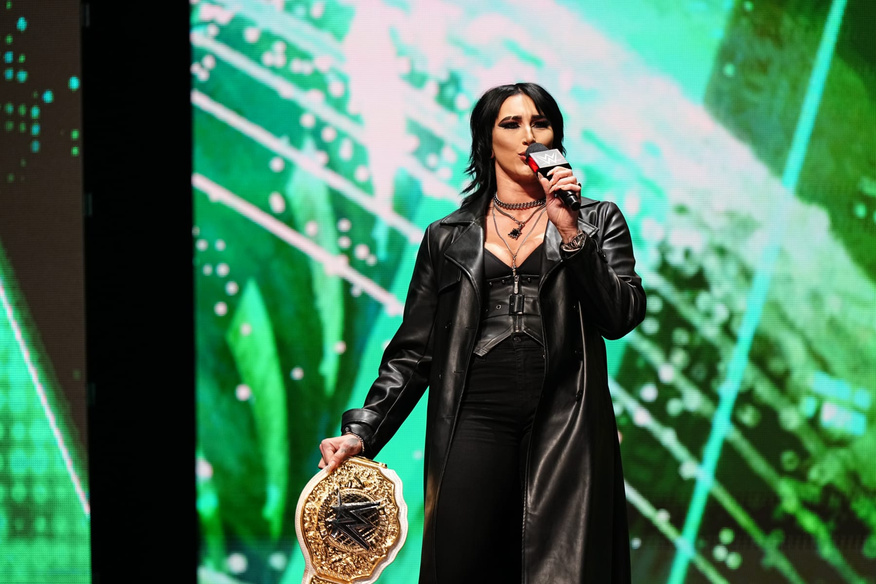 LAS VEGAS, NV - FEBRUARY 08:  Rhea Ripley, WWE Women's World Champion greets the fans and the press during the WWE Wrestlemania XL Kickoff on February 08, 2024, at T-Mobile Arena in Las Vegas, NV. (Photo by Louis Grasse/PXimages/Icon Sportswire via Getty Images)