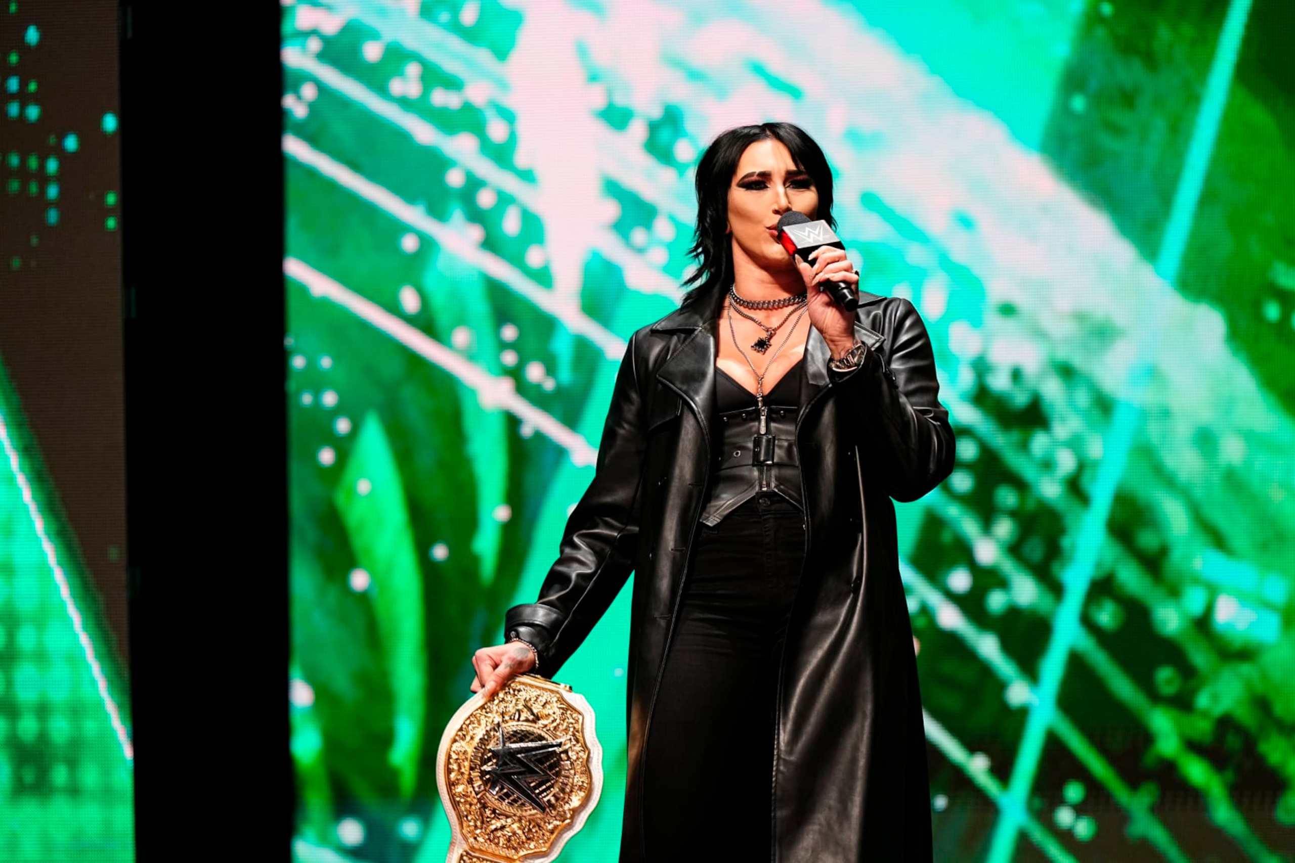 LAS VEGAS, NV - FEBRUARY 08:  Rhea Ripley, WWE Women's World Champion greets the fans and the press during the WWE Wrestlemania XL Kickoff on February 08, 2024, at T-Mobile Arena in Las Vegas, NV. (Photo by Louis Grasse/PXimages/Icon Sportswire via Getty Images)