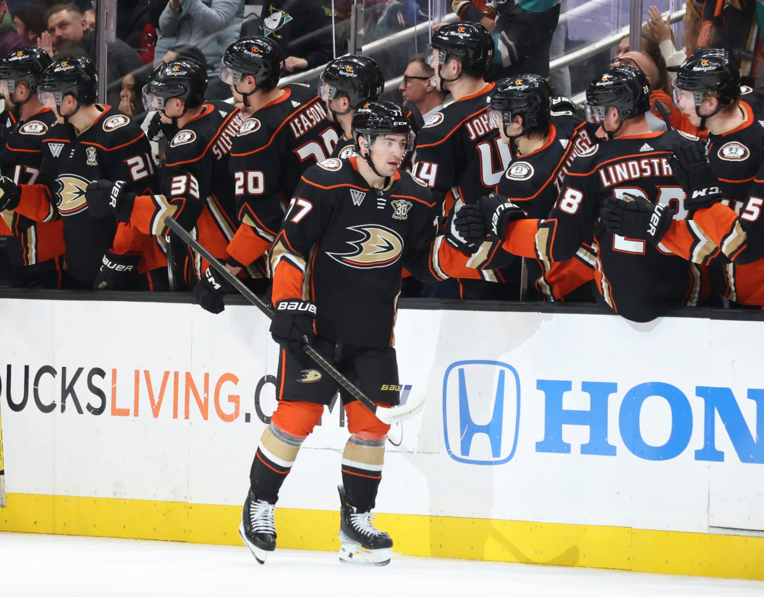 ANAHEIM, CA - MARCH 1: Frank Vatrano #77 of the Anaheim Ducks celebrates his second-period goal with the bench during the game against the New Jersey Devils at Honda Center on March 1, 2024 in Anaheim, California. (Photo by Debora Robinson/NHLI via Getty Images) ANAHEIM, CA - MARCH 1: Frank Vatrano #77 of the Anaheim Ducks celebrates his second-period goal with the bench during the game against the New Jersey Devils at Honda Center on March 1, 2024 in Anaheim, California. (Photo by Debora Robinson/NHLI via Getty Images)