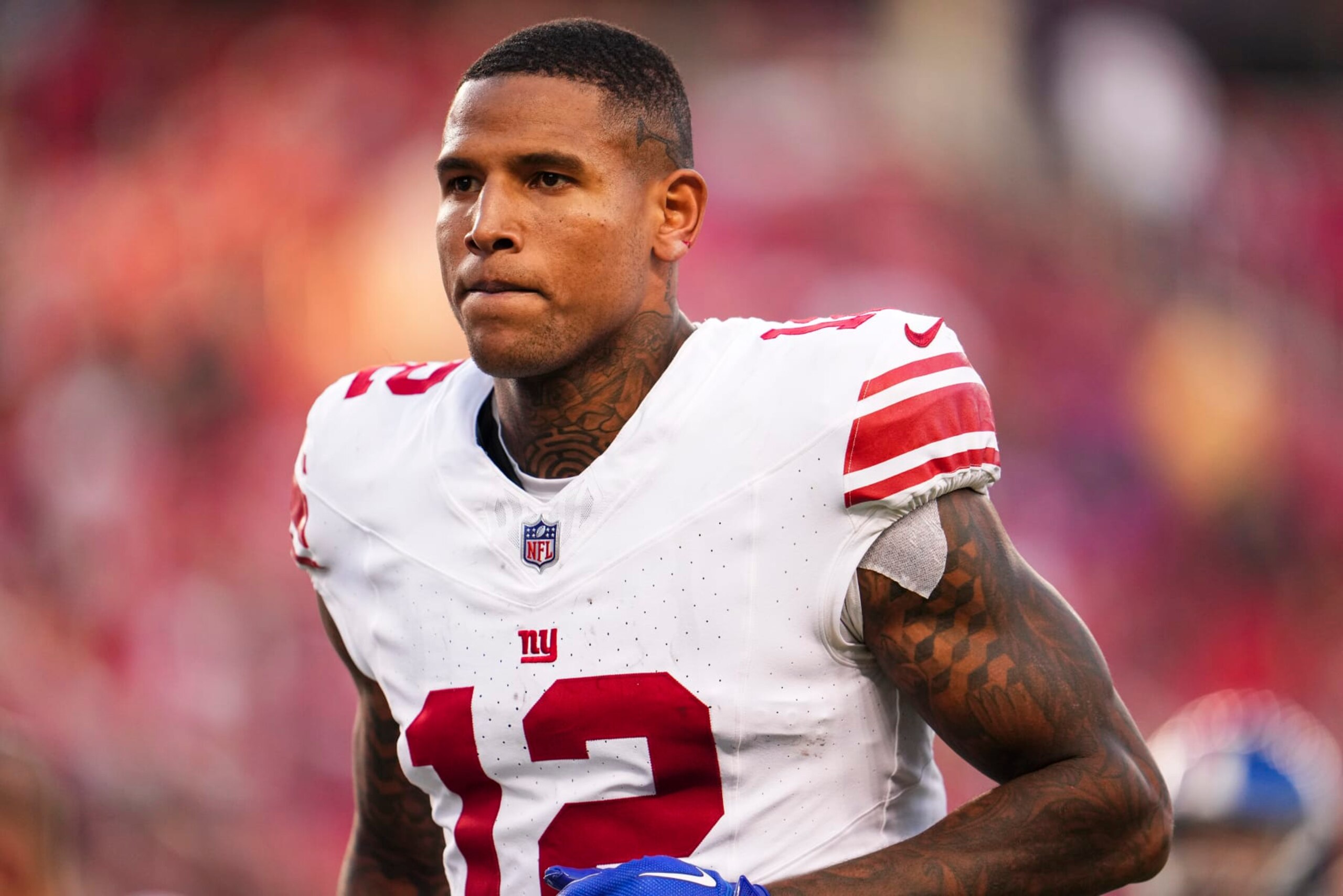 SANTA CLARA, CA - SEPTEMBER 21: Darren Waller #12 of the New York Giants runs off the field at halftime at Levi's Stadium on September 21, 2023 in Santa Clara, California. (Photo by Cooper Neill/Getty Images)