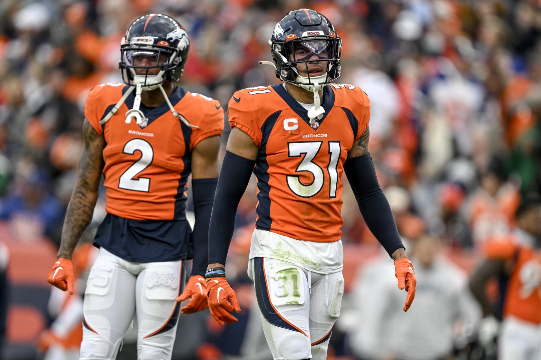 DENVER, CO - OCTOBER 23: Justin Simmons (31) and Pat Surtain II (2) of the Denver Broncos prepare for the New York Jets offense during the second half of New Yorks 16-9 win at Empower Field at Mile High in Denver on Sunday, October 23, 2022. (Photo by AAron Ontiveroz/MediaNews Group/The Denver Post via Getty Images)