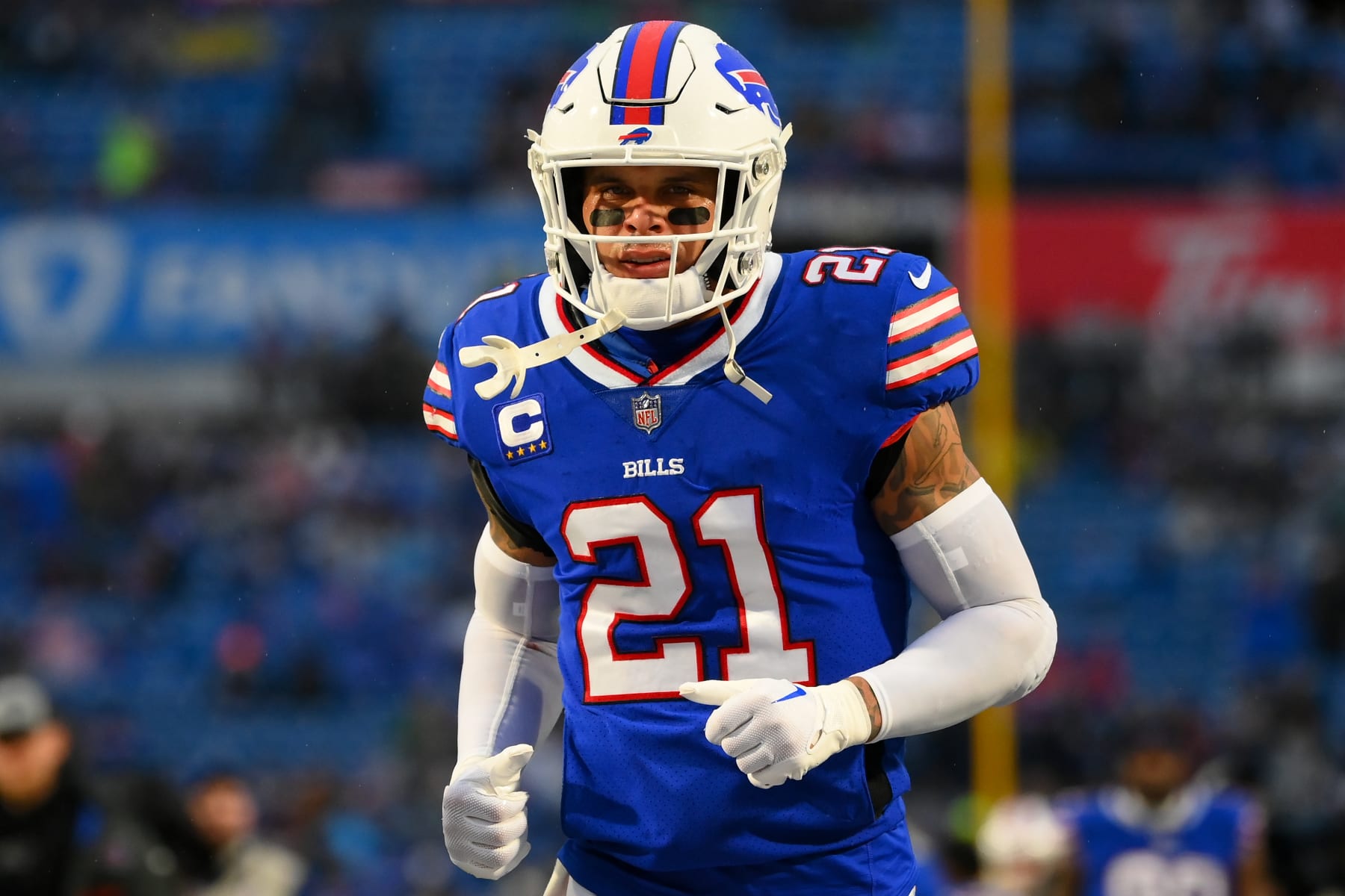 ORCHARD PARK, NEW YORK - DECEMBER 17: Jordan Poyer #21 of the Buffalo Bills jogs off the field prior to the game against the Dallas Cowboys at Highmark Stadium on December 17, 2023 in Orchard Park, New York. The Bills won 31-10. (Photo by Rich Barnes/Getty Images)