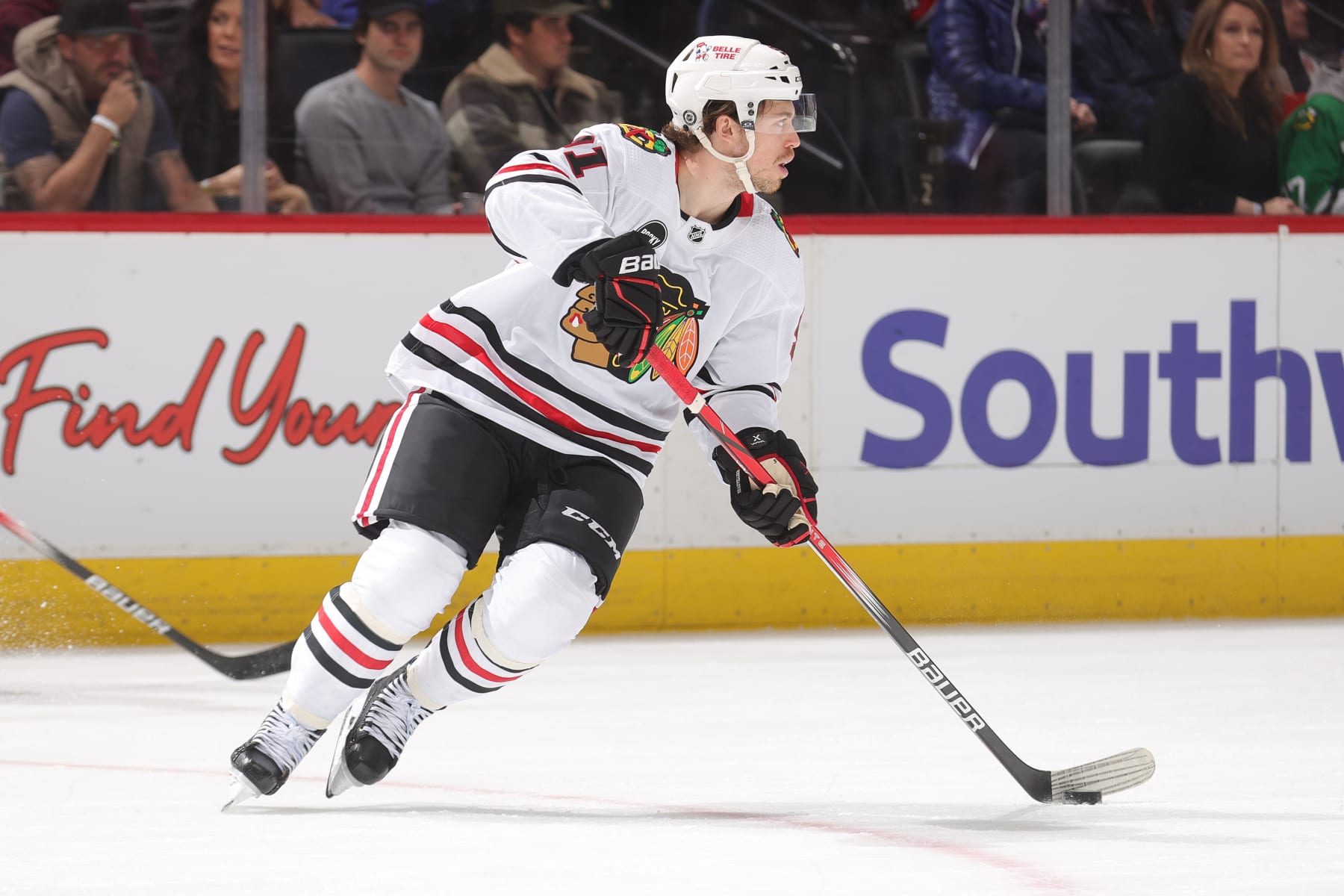 DENVER, COLORADO - MARCH 04: Anthony Beauvillier #91 of the Chicago Blackhawks skates against the Colorado Avalanche at Ball Arena on March 04, 2024 in Denver, Colorado. (Photo by Michael Martin/NHLI via Getty Images)