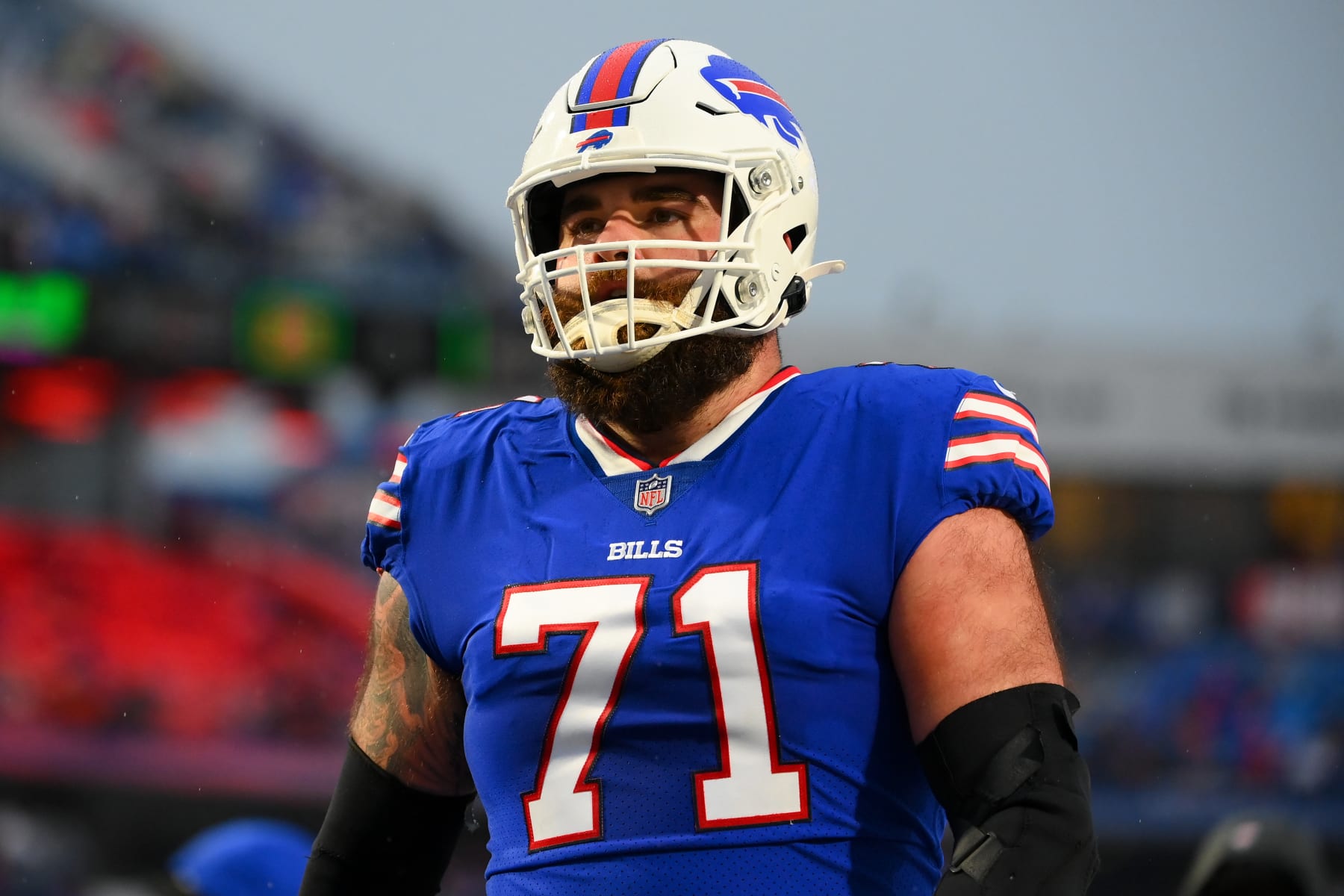 ORCHARD PARK, NEW YORK - DECEMBER 17: Ryan Bates #71 of the Buffalo Bills walks off the field prior to the game against the Dallas Cowboys at Highmark Stadium on December 17, 2023 in Orchard Park, New York. The Bills won 31-10. (Photo by Rich Barnes/Getty Images) ORCHARD PARK, NEW YORK - DECEMBER 17: Ryan Bates #71 of the Buffalo Bills walks off the field prior to the game against the Dallas Cowboys at Highmark Stadium on December 17, 2023 in Orchard Park, New York. The Bills won 31-10. (Photo by Rich Barnes/Getty Images)