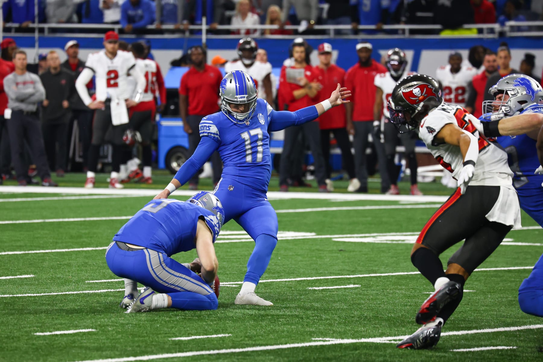DETROIT, MI - JANUARY 21: Detroit Lions kicker Michael Badgley (17) kicks an extra point during an NFL NFC Divisional playoff football game between the Tampa Bay Buccaneers and the Detroit Lions on January 21, 2024 at Ford Field in Detroit, Michigan. (Photo by Scott W. Grau/Icon Sportswire via Getty Images) DETROIT, MI - JANUARY 21: Detroit Lions kicker Michael Badgley (17) kicks an extra point during an NFL NFC Divisional playoff football game between the Tampa Bay Buccaneers and the Detroit Lions on January 21, 2024 at Ford Field in Detroit, Michigan. (Photo by Scott W. Grau/Icon Sportswire via Getty Images)