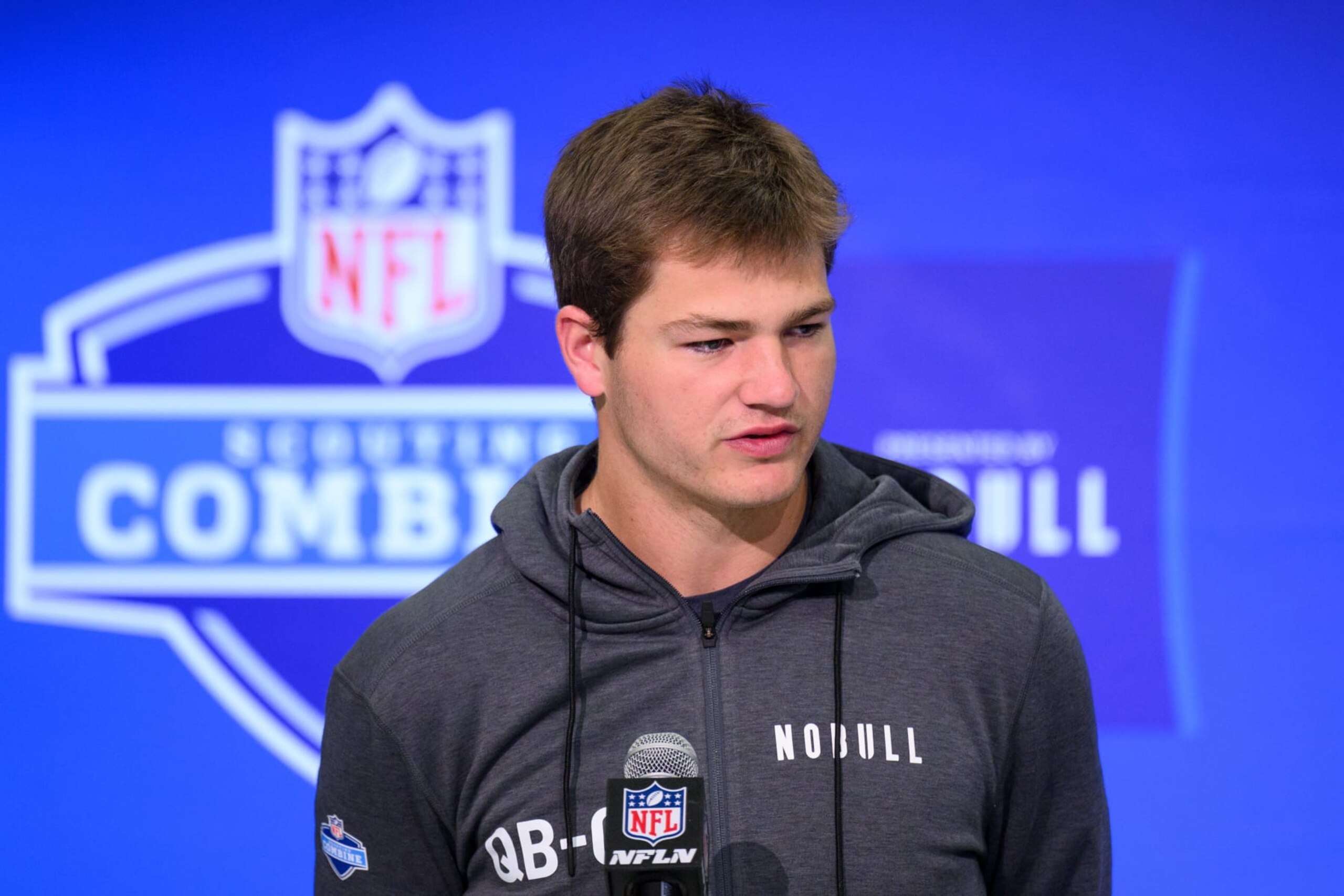INDIANAPOLIS, IN - MARCH 01: North Carolina quarterback Drake Maye answers questions from the media during the NFL Scouting Combine on March 1, 2024, at the Indiana Convention Center in Indianapolis, IN. (Photo by Zach Bolinger/Icon Sportswire via Getty Images)