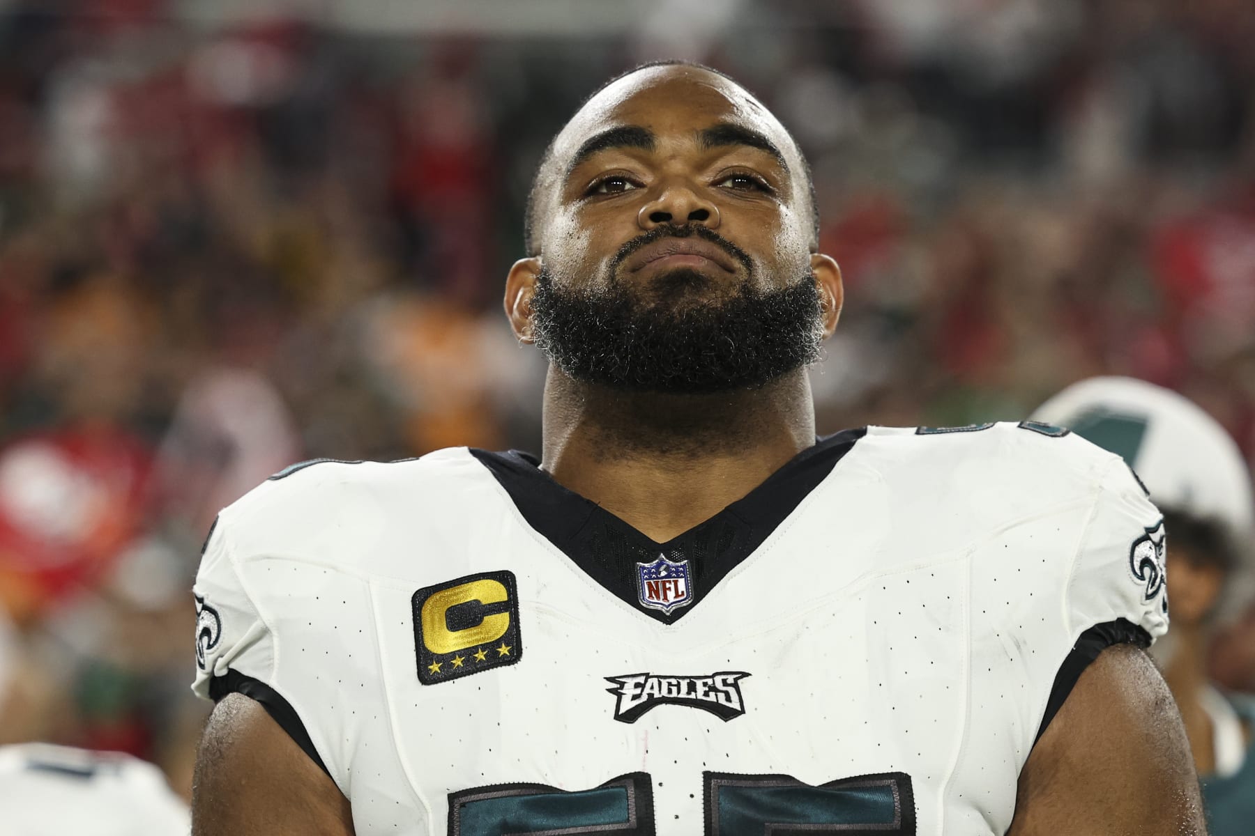 TAMPA, FL - JANUARY 15: Brandon Graham #55 of the Philadelphia Eagles looks on from the sideline during the national anthem prior to an NFL Wild Card playoff football game against the Tampa Bay Buccaneers at Raymond James Stadium on January 15, 2024 in Tampa, Florida. (Photo by Perry Knotts/Getty Images)