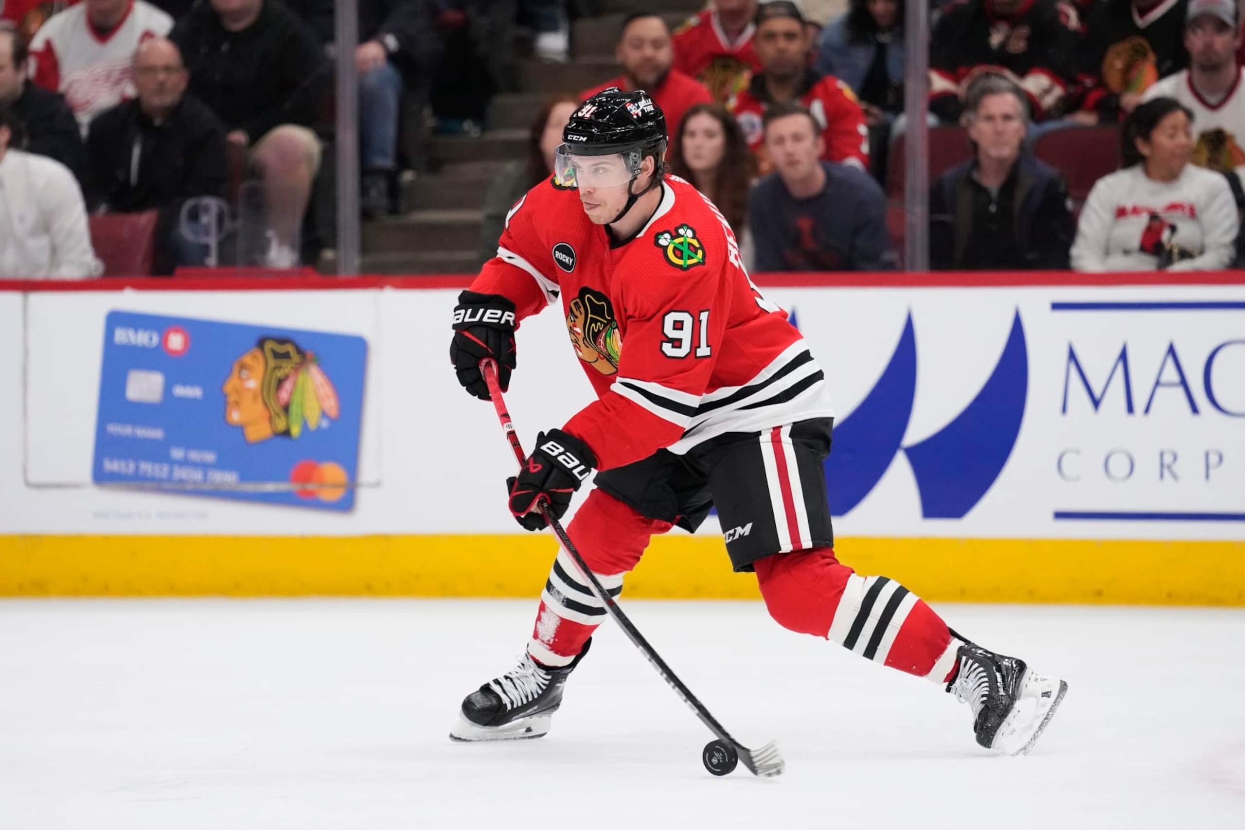 CHICAGO, ILLINOIS - FEBRUARY 25: Anthony Beauvillier #91 of the Chicago Blackhawks skates with the puck during the third period against the Detroit Red Wings at the United Center on February 25, 2024 in Chicago, Illinois. (Photo by Patrick McDermott/Getty Images) CHICAGO, ILLINOIS - FEBRUARY 25: Anthony Beauvillier #91 of the Chicago Blackhawks skates with the puck during the third period against the Detroit Red Wings at the United Center on February 25, 2024 in Chicago, Illinois. (Photo by Patrick McDermott/Getty Images)