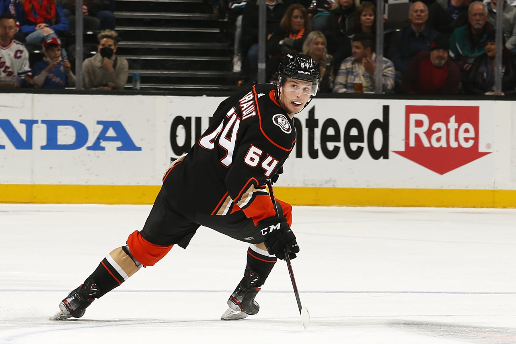 ANAHEIM, CA - JANUARY 8: Jacob Perreault #64 of the Anaheim Ducks skates during the game against the New York Rangers at Honda Center on January 8, 2022 in Anaheim, California. (Photo by Debora Robinson/NHLI via Getty Images)