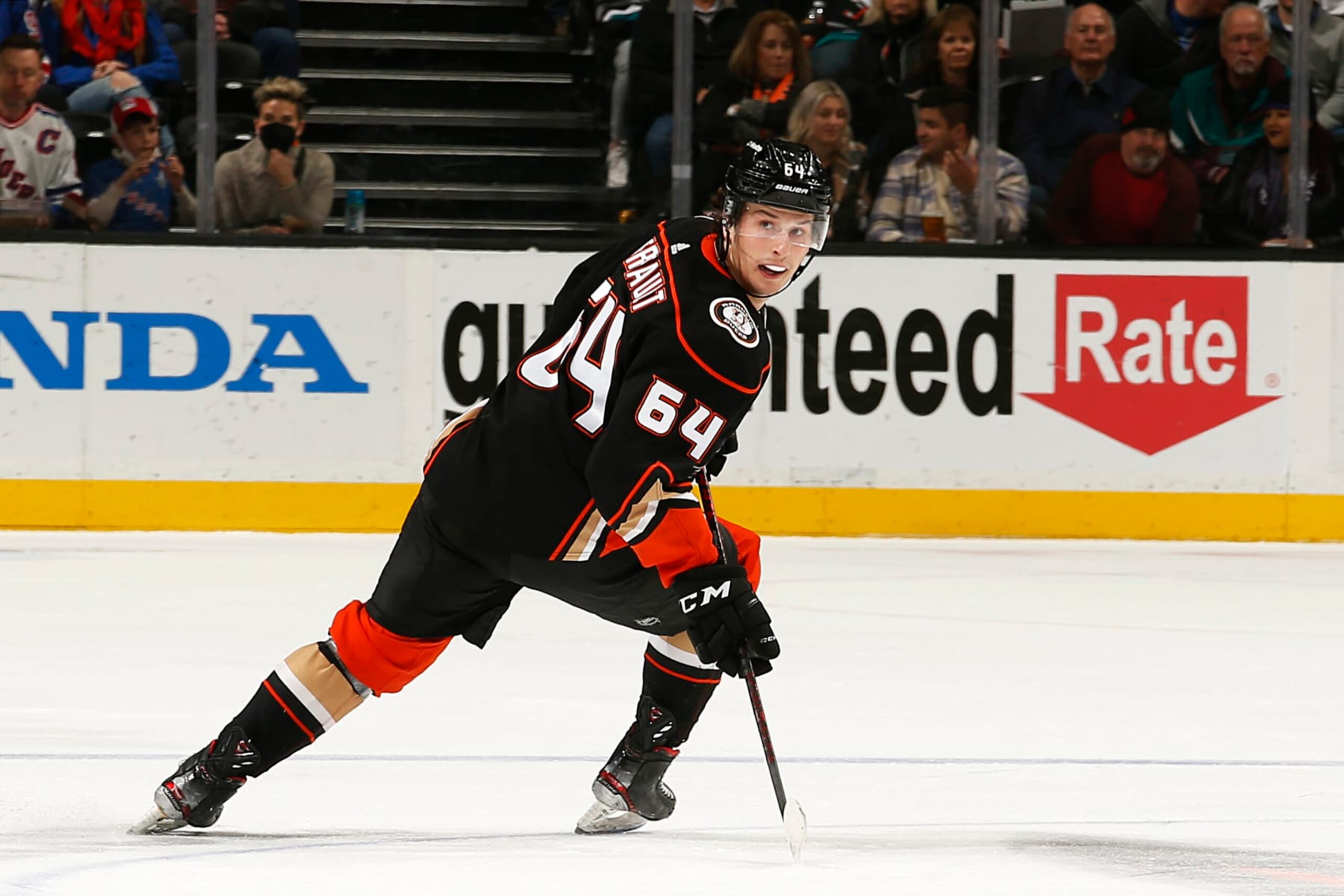ANAHEIM, CA - JANUARY 8: Jacob Perreault #64 of the Anaheim Ducks skates during the game against the New York Rangers at Honda Center on January 8, 2022 in Anaheim, California. (Photo by Debora Robinson/NHLI via Getty Images) ANAHEIM, CA - JANUARY 8: Jacob Perreault #64 of the Anaheim Ducks skates during the game against the New York Rangers at Honda Center on January 8, 2022 in Anaheim, California. (Photo by Debora Robinson/NHLI via Getty Images)