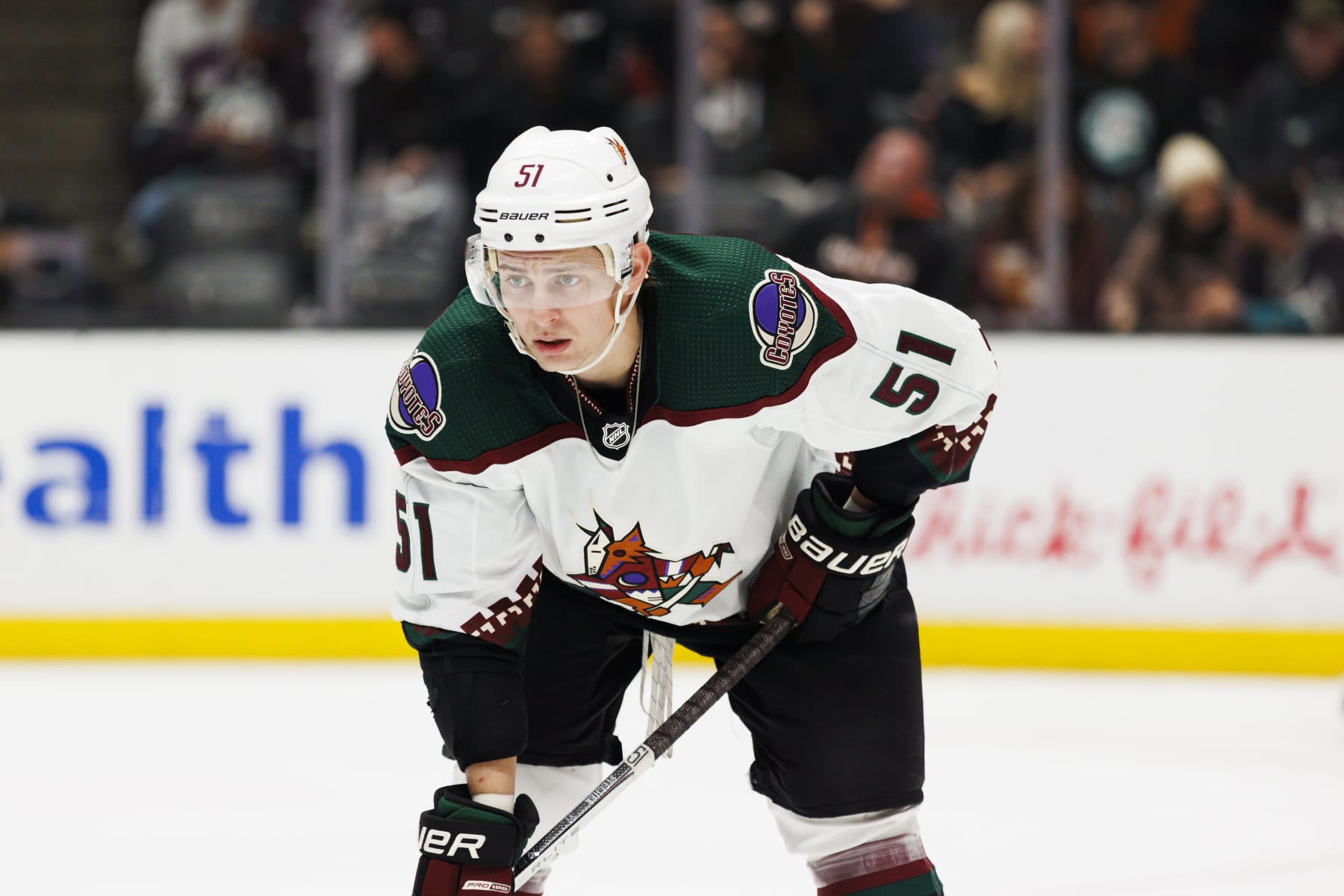 ANAHEIM, CA - DECEMBER 29: Arizona Coyotes defenseman Troy Stecher (51) during an NHL hockey game against the Anaheim Ducks on December 29, 2023 at Honda Center in Anaheim, CA. (Photo by Ric Tapia/Icon Sportswire via Getty Images)
