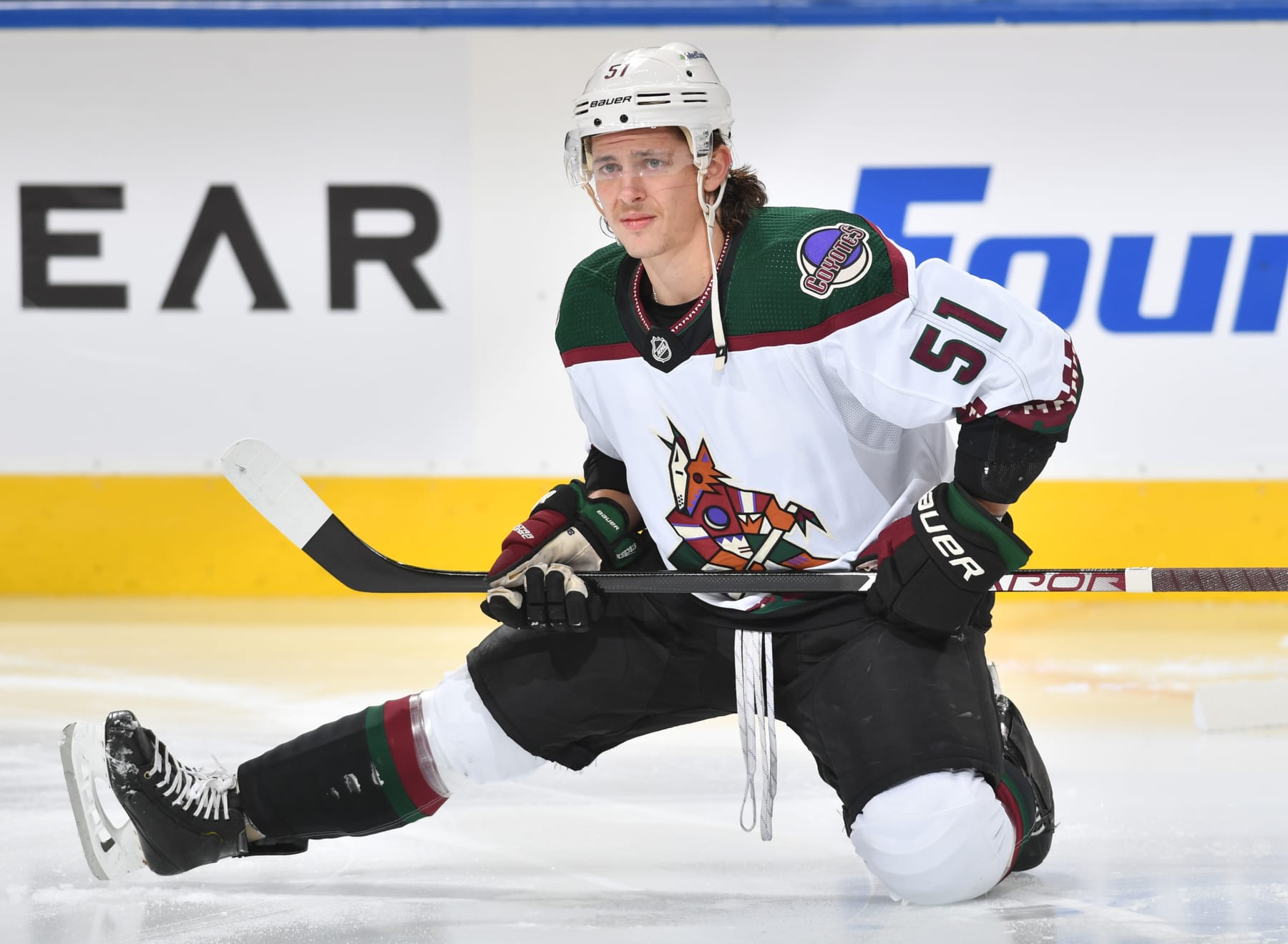 EDMONTON, CANADA - DECEMBER 7: Troy Stecher #51 of the Arizona Coyotes warms up before the game against the Edmonton Oilers on December 7, 2022 at Rogers Place in Edmonton, Alberta, Canada. (Photo by Andy Devlin/NHLI via Getty Images)