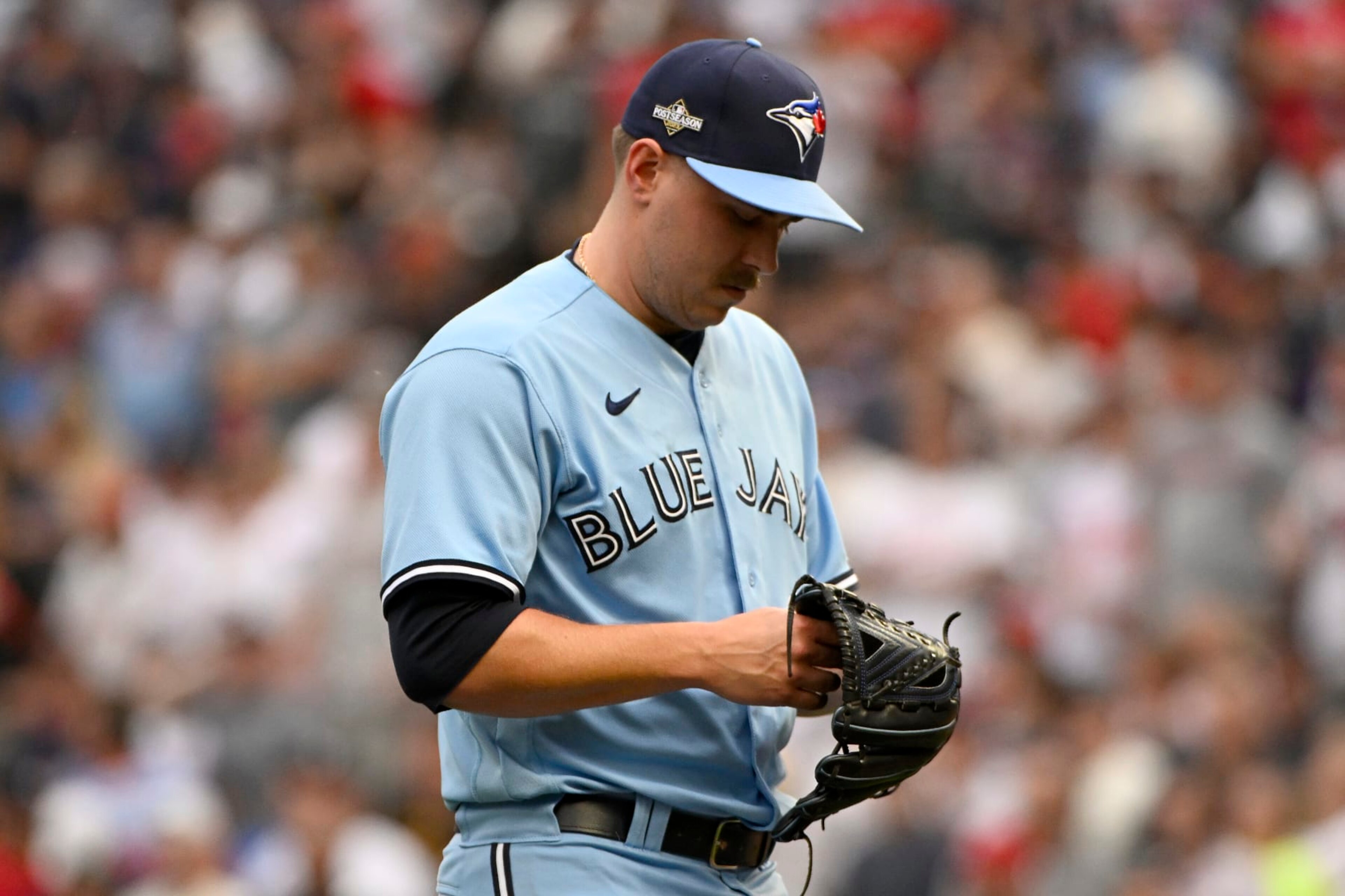 MINNEAPOLIS, MINNESOTA - OCTOBER 03: Erik Swanson #50 of the Toronto Blue Jays walks back to the dugout after being relieved against the Minnesota Twins during the fifth inning in Game One of the Wild Card Series at Target Field on October 03, 2023 in Minneapolis, Minnesota. (Photo by Stephen Maturen/Getty Images) MINNEAPOLIS, MINNESOTA - OCTOBER 03: Erik Swanson #50 of the Toronto Blue Jays walks back to the dugout after being relieved against the Minnesota Twins during the fifth inning in Game One of the Wild Card Series at Target Field on October 03, 2023 in Minneapolis, Minnesota. (Photo by Stephen Maturen/Getty Images)