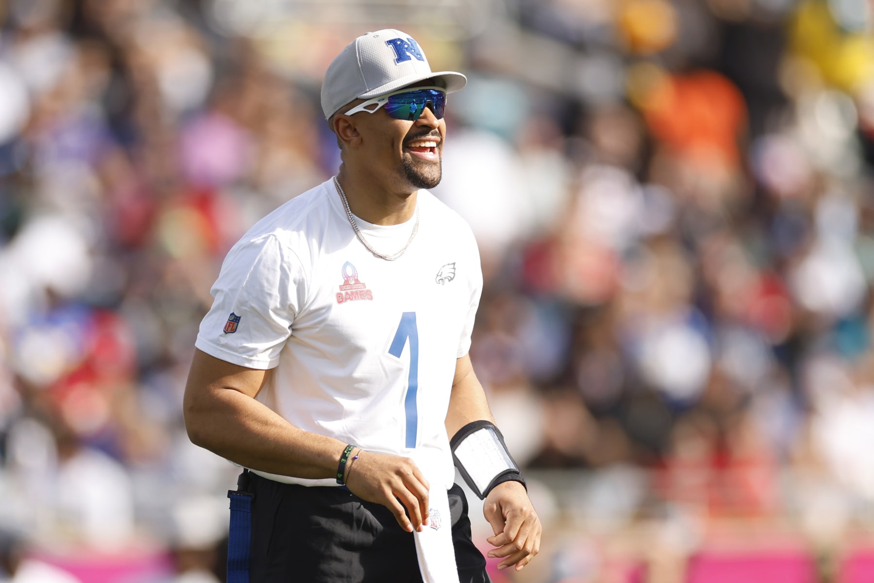 ORLANDO, FLORIDA - FEBRUARY 04: Jalen Hurts #1 of the Philadelphia Eagles and NFC reacts during the 2024 NFL Pro Bowl Games at Camping World Stadium on February 04, 2024 in Orlando, Florida. (Photo by Mike Ehrmann/Getty Images)