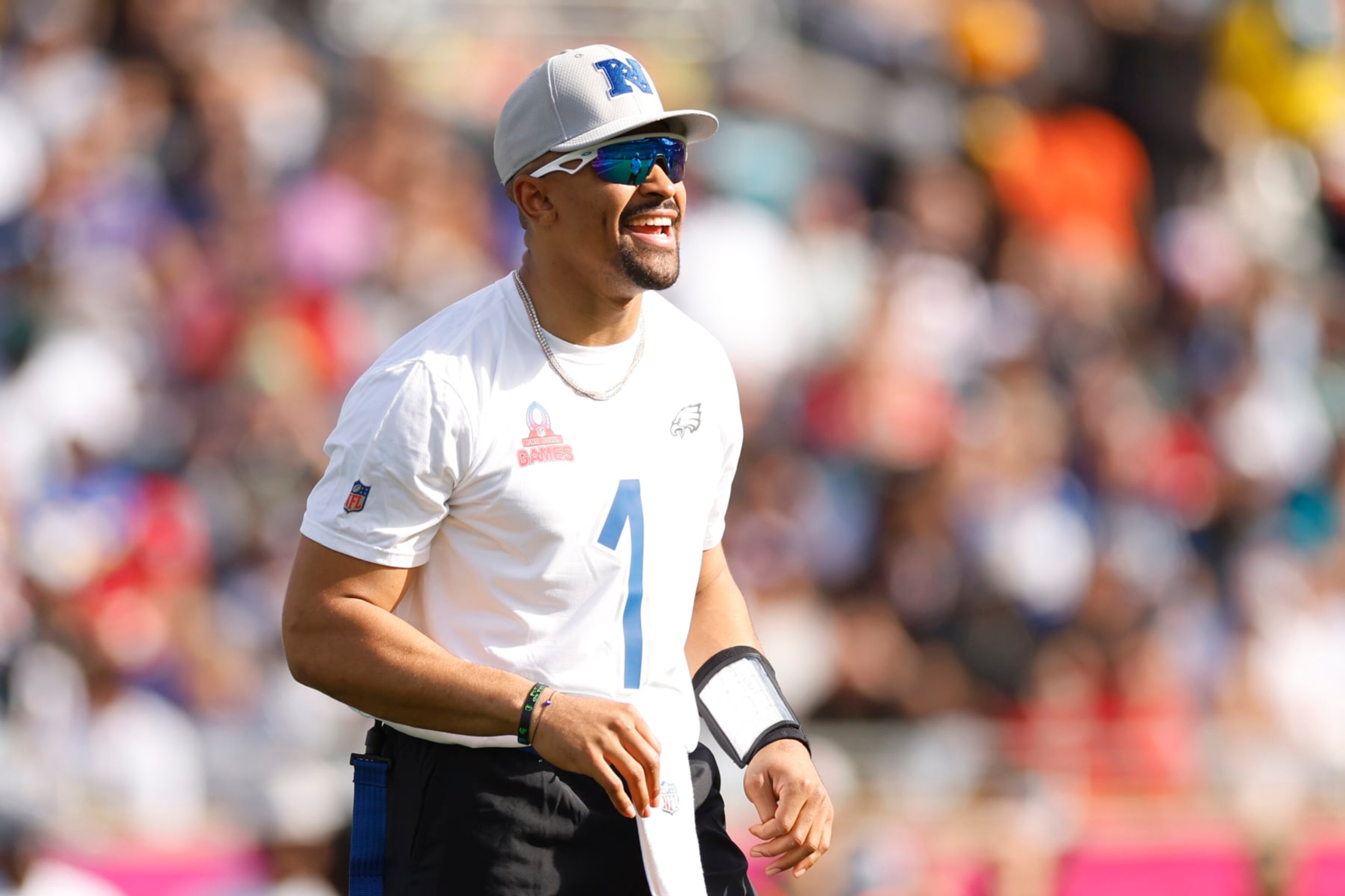 ORLANDO, FLORIDA - FEBRUARY 04: Jalen Hurts #1 of the Philadelphia Eagles and NFC reacts during the 2024 NFL Pro Bowl Games at Camping World Stadium on February 04, 2024 in Orlando, Florida. (Photo by Mike Ehrmann/Getty Images)