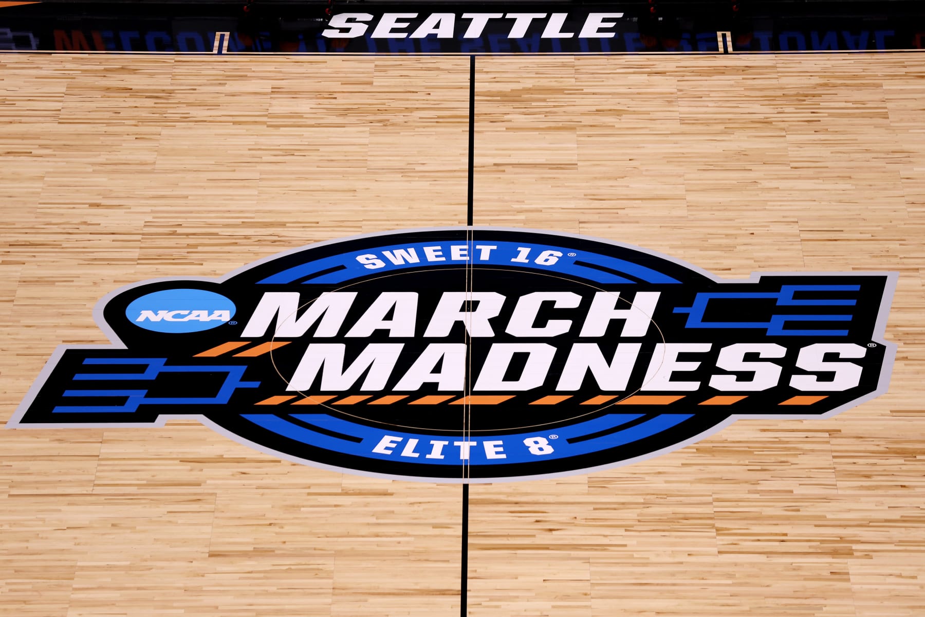 SEATTLE, WASHINGTON - MARCH 23: A general view of March Madness center court logos are seen before the Sweet 16/Elite Eight round of the NCAA Women’s Basketball Tournament at Climate Pledge Arena on March 23, 2023 in Seattle, Washington. (Photo by Steph Chambers/Getty Images)