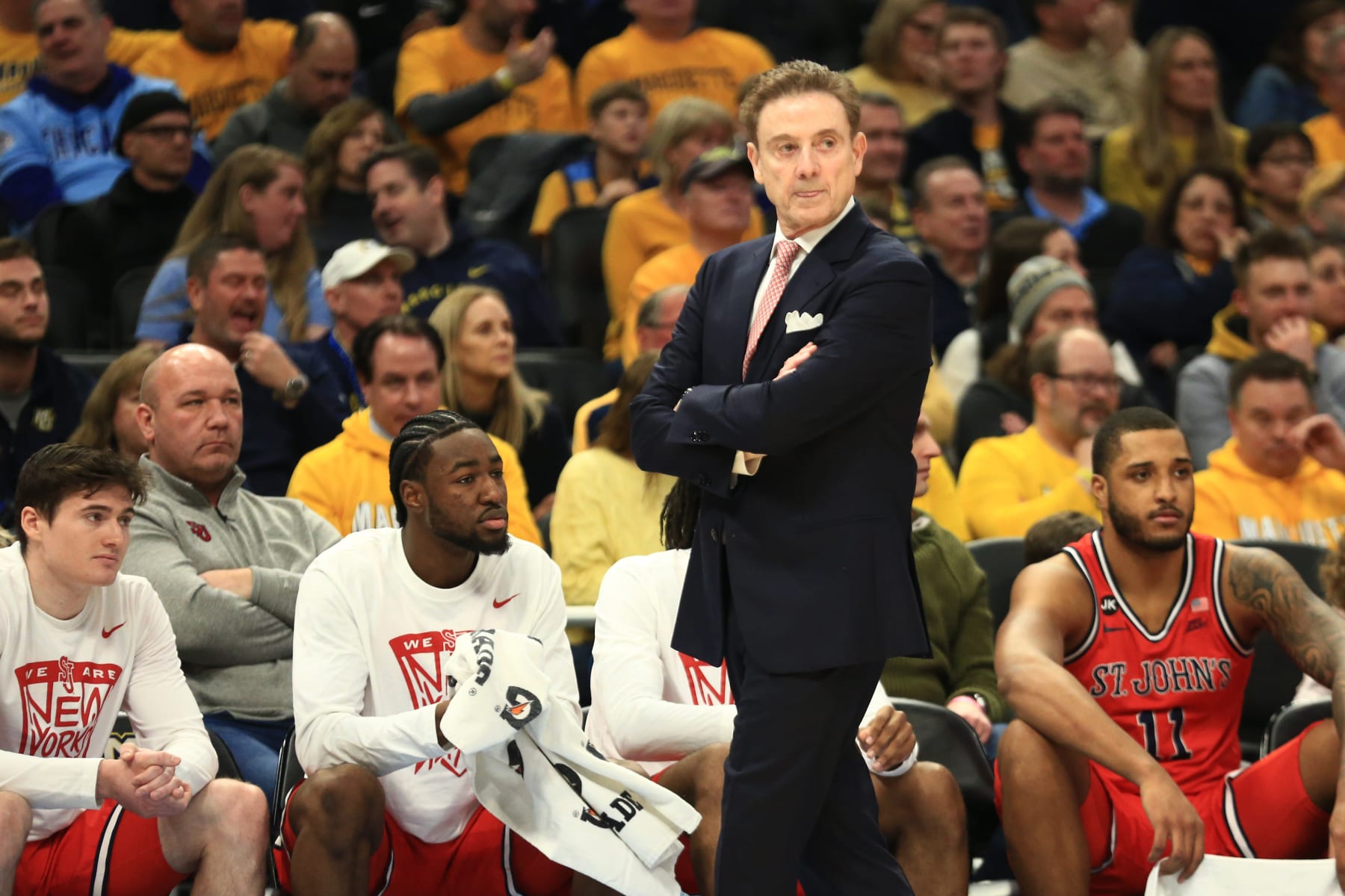 MILWAUKEE, WI - FEBRUARY 10:  St. John's Red Storm head coach Rick Pitino  paces the sideline during a game between the Marquette Golden Eagles and the St. Johns Red Storm at Fiserv Forum on February 10th, 2024 in Milwaukee, WI. (Photo by Larry Radloff/Icon Sportswire via Getty Images)